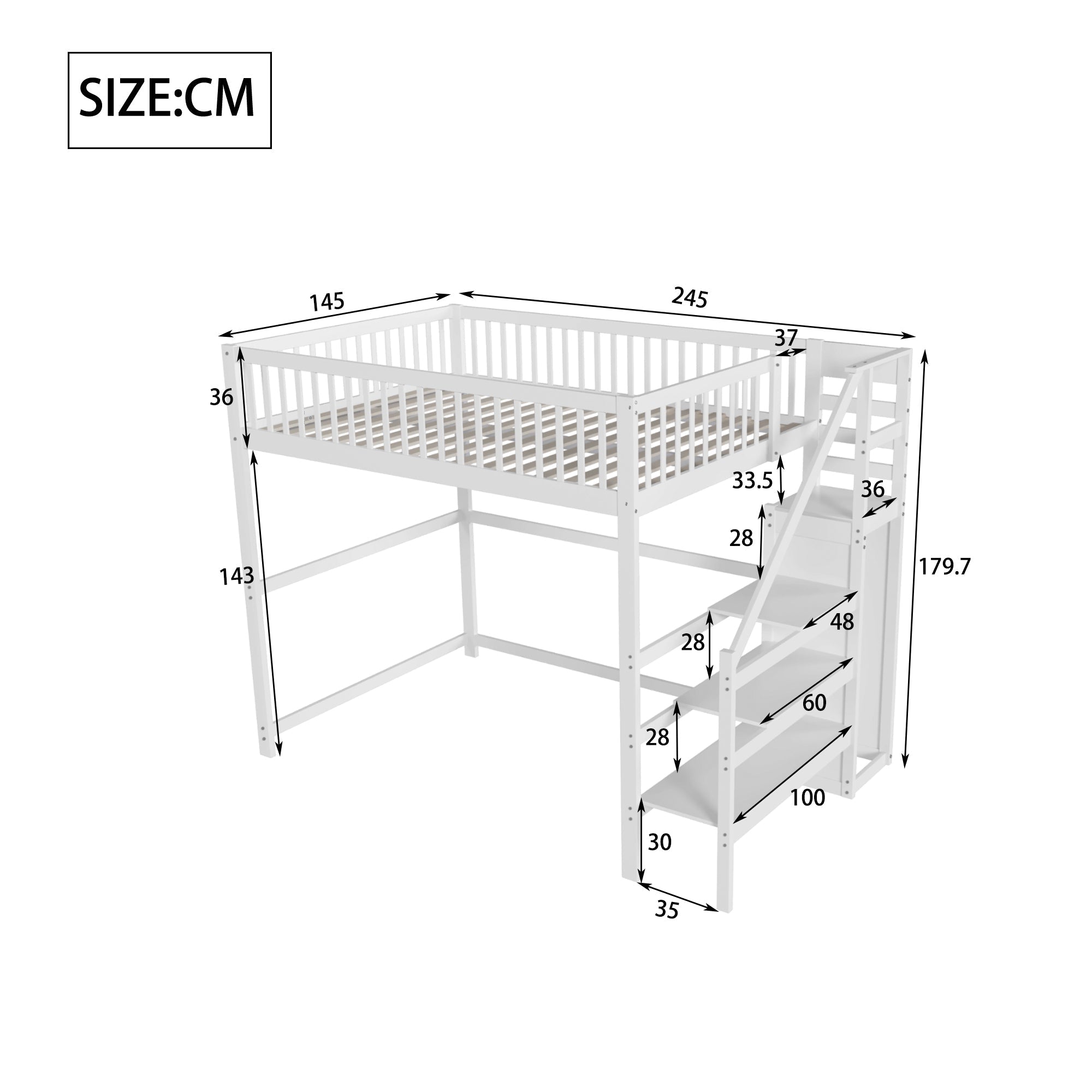 Loft Bed, 140x200 with Stairs, Storage, Wardrobe, White Wood