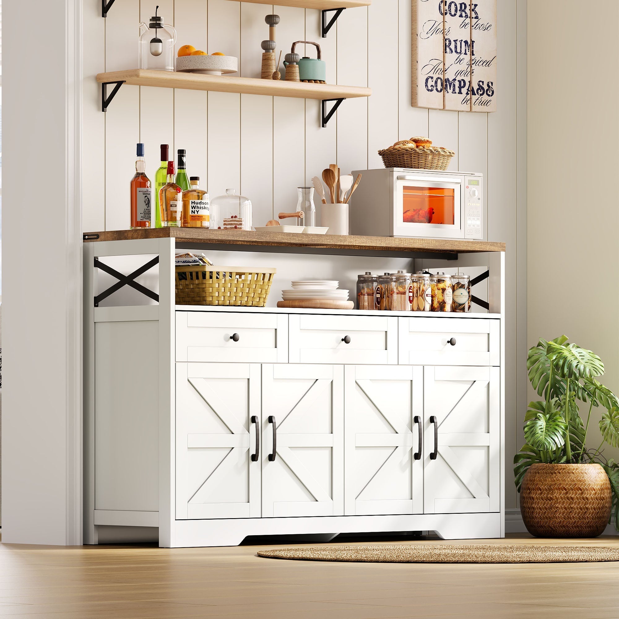 Buffet Sideboard 140cm 3 Drawers Shelves Storage Country Style - White/Brown