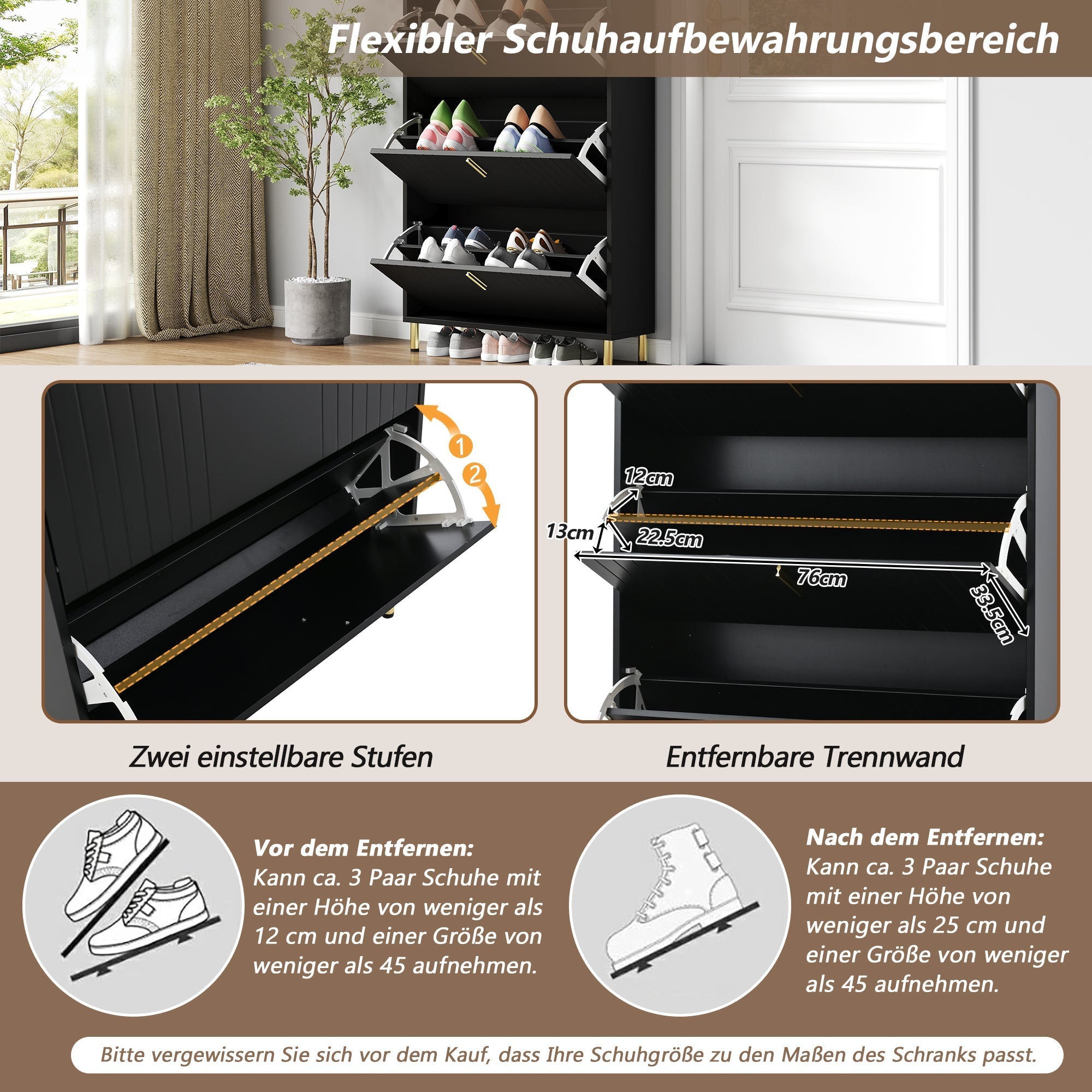 Shoe Cabinet 3 Doors 6 Adjustable Compartments Narrow Anti-tip Black