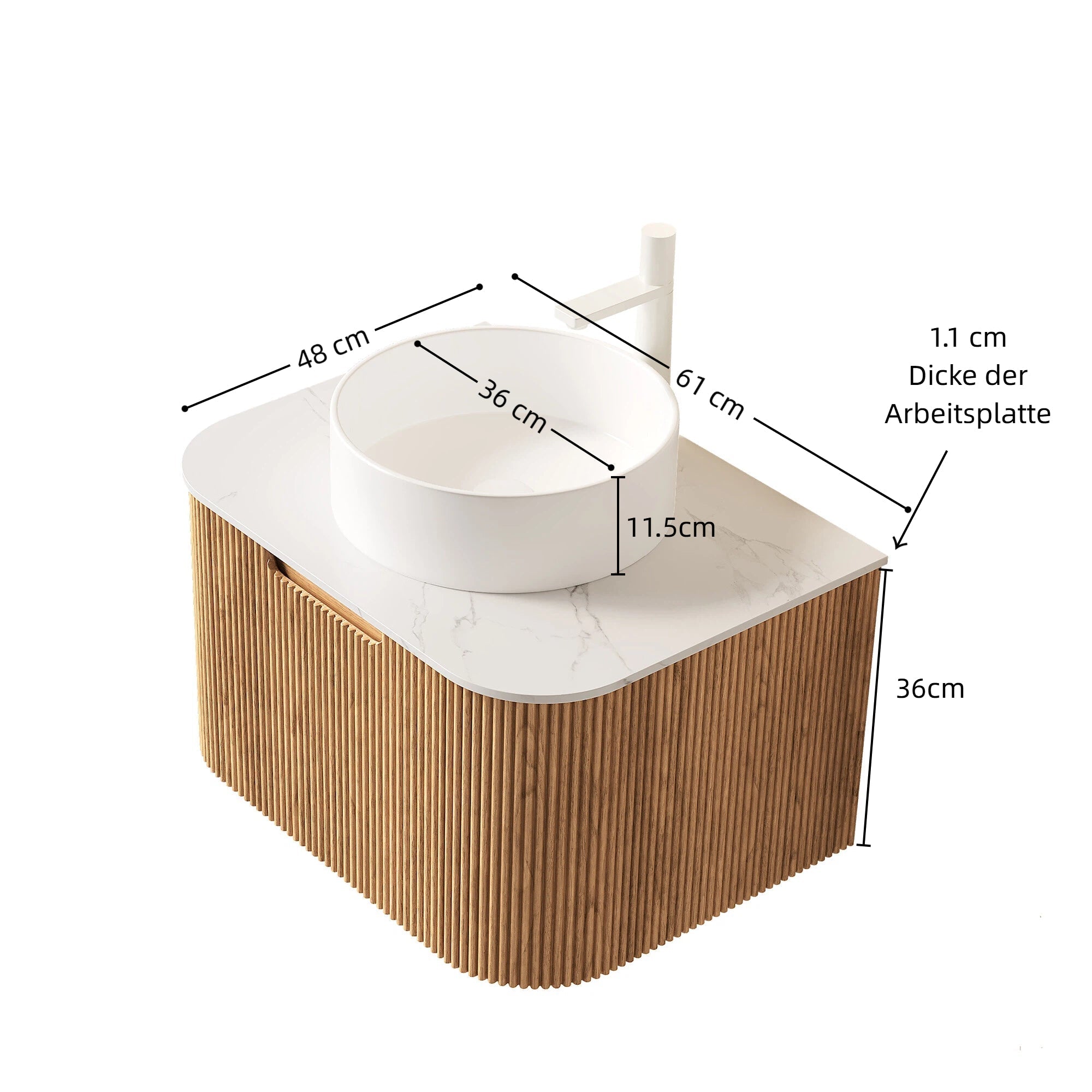 Wall-Hung Bathroom Vanity 61cm Ceramic Sink Carrara Countertop Drawer - Natural Wood Grain