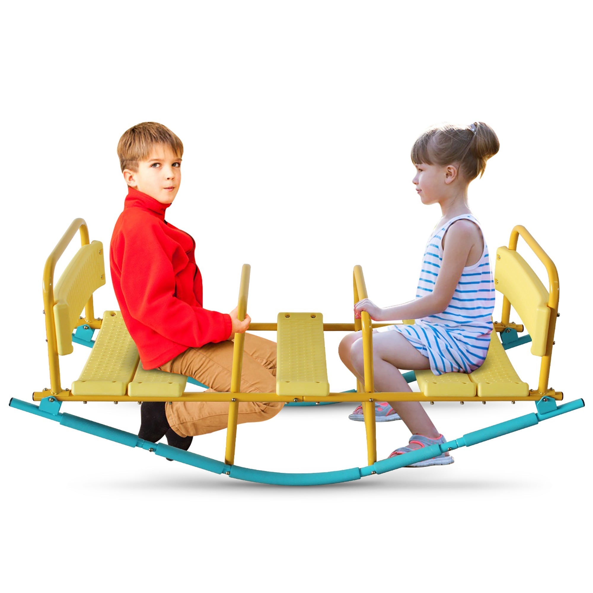 3-Person Wippe, robuster Stahlrahmen, Blau/Gelb