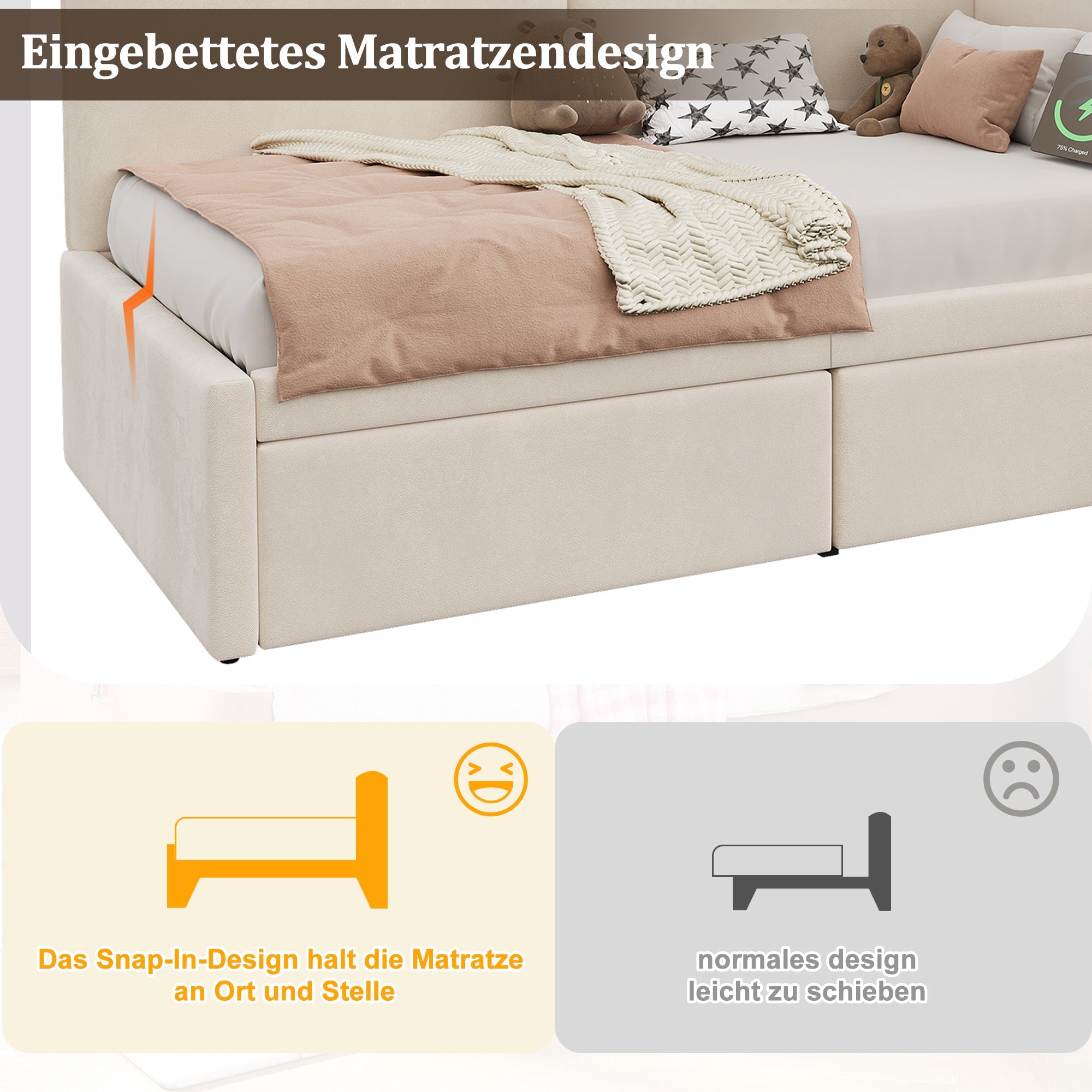 Upholstered Daybed with 2 Drawers, USB Charging Port and Reading Lamp, 90x200cm, Beige Velvet