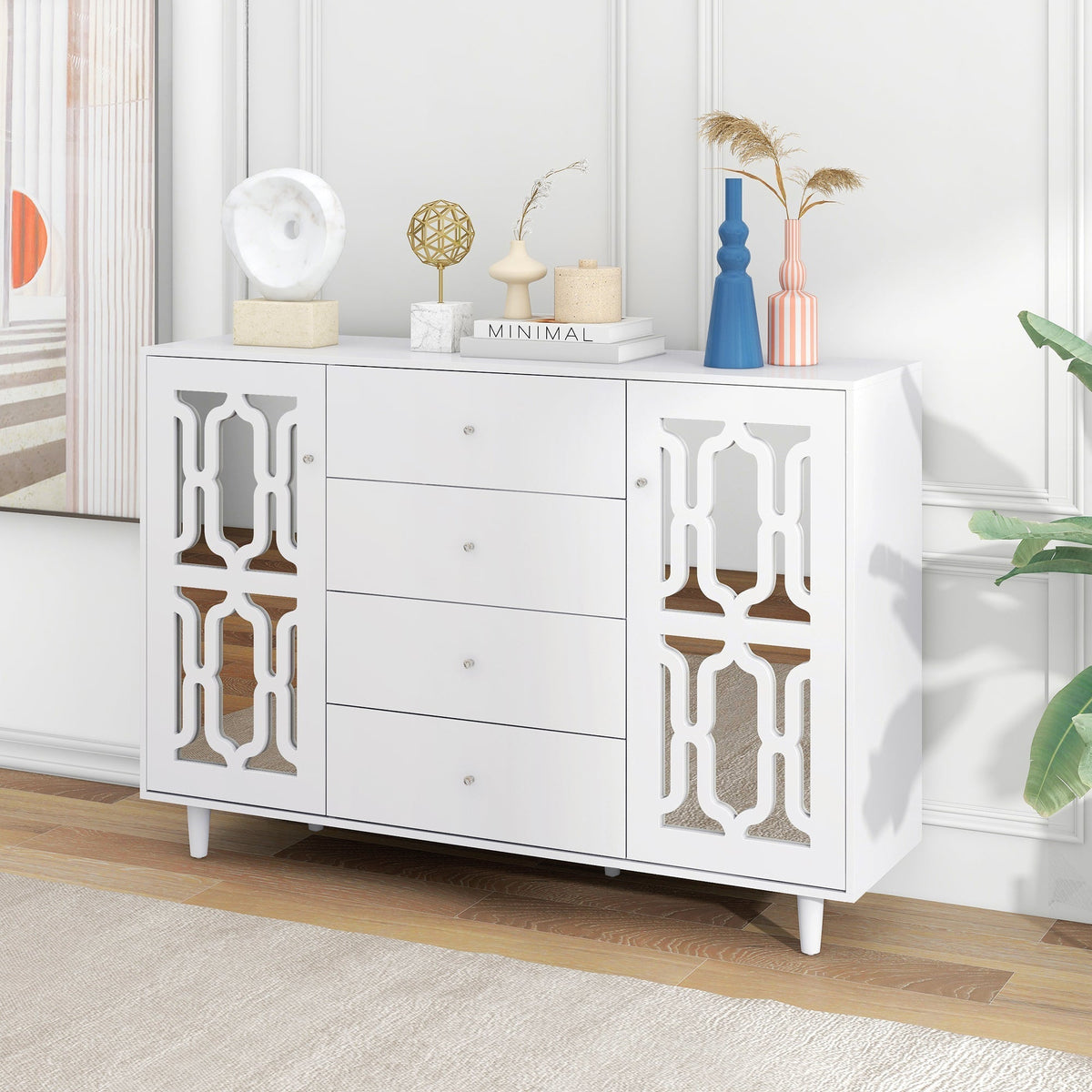 Mirrored Sideboard Crystal Handles 147.5x40x102cm, White