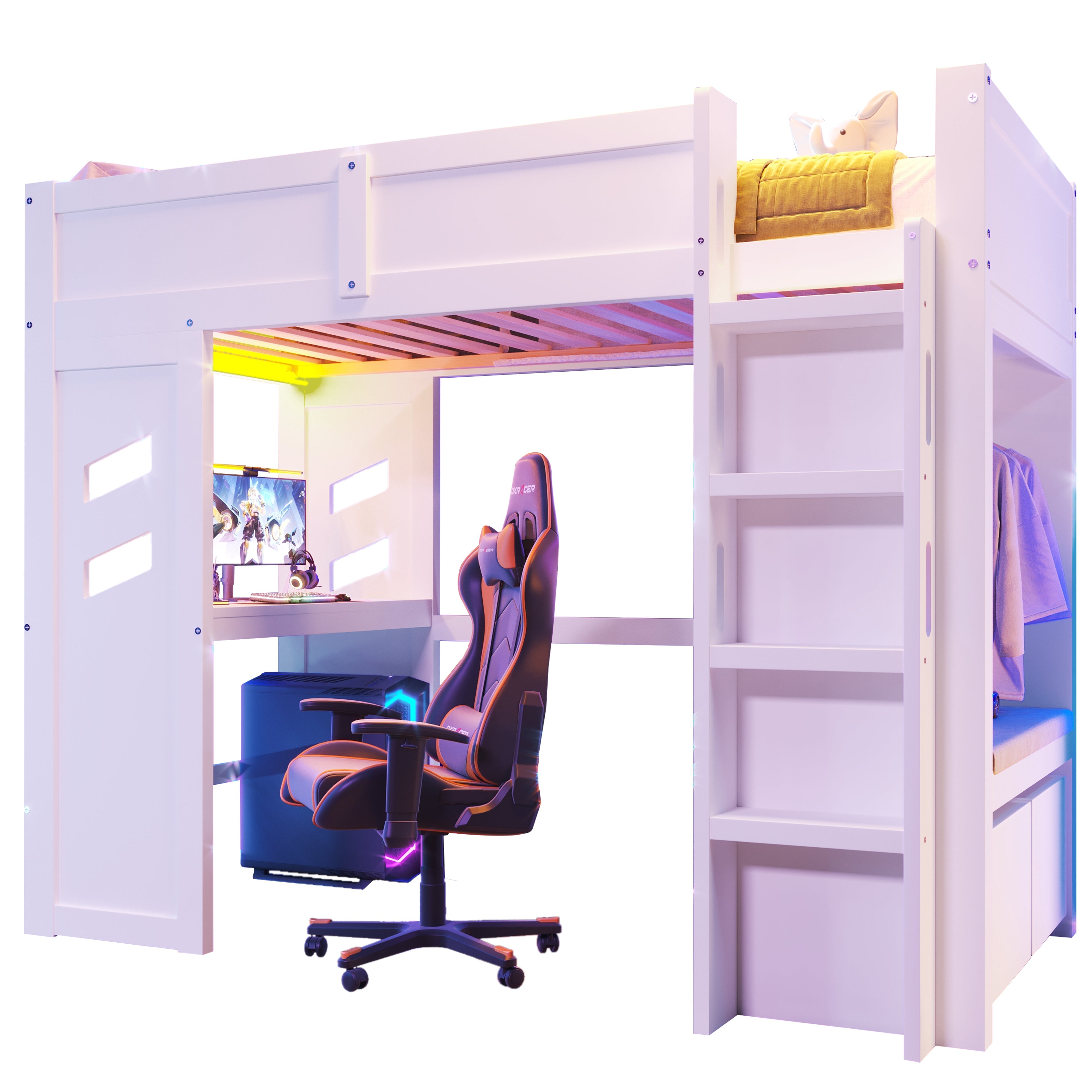 Loft Bed 90x200cm Gaming Bed Desk LED USB/Type-C Drawer Clothes Rack White