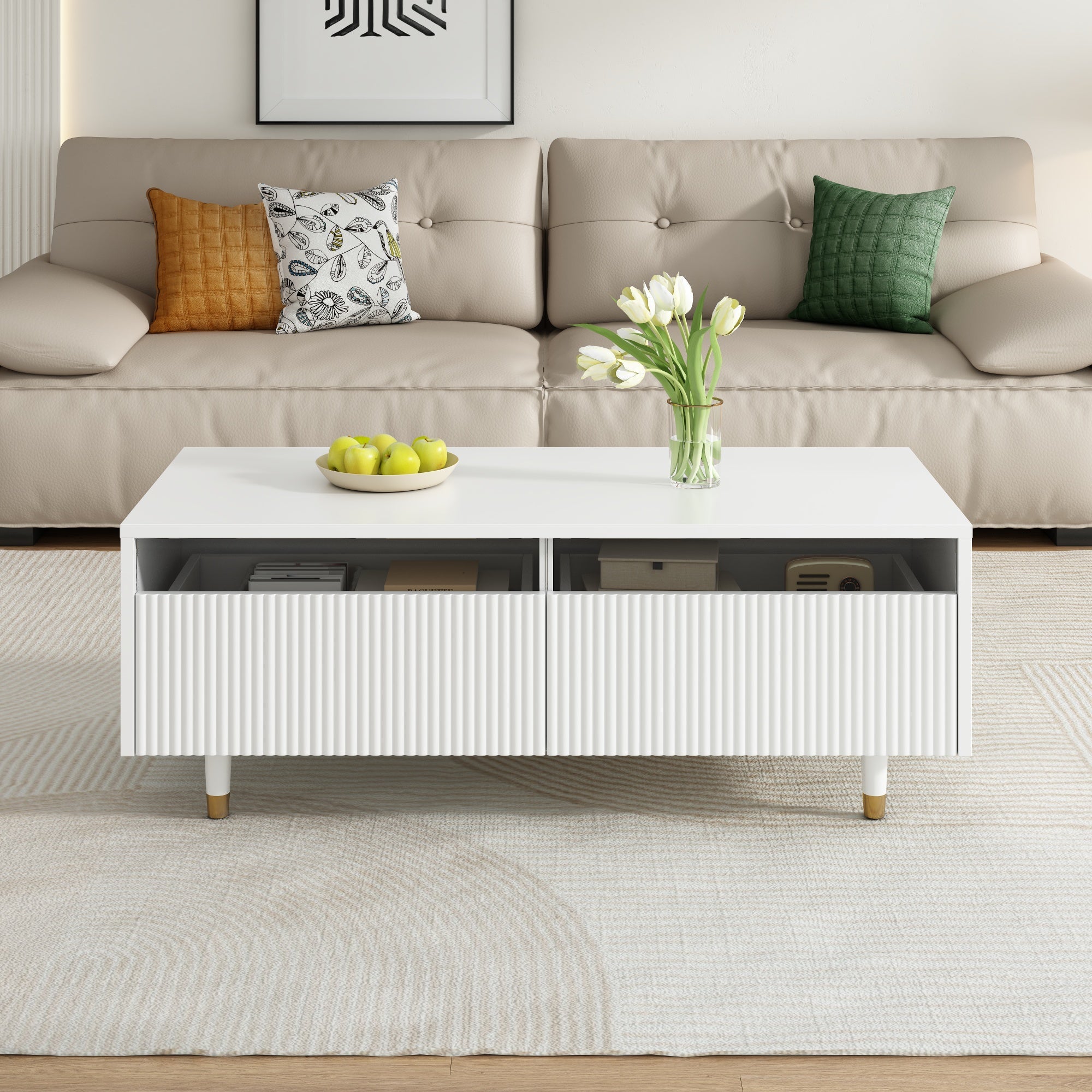 Modern LED coffee table wavy drawer top, two drawers, color-changing light strip, gold and white