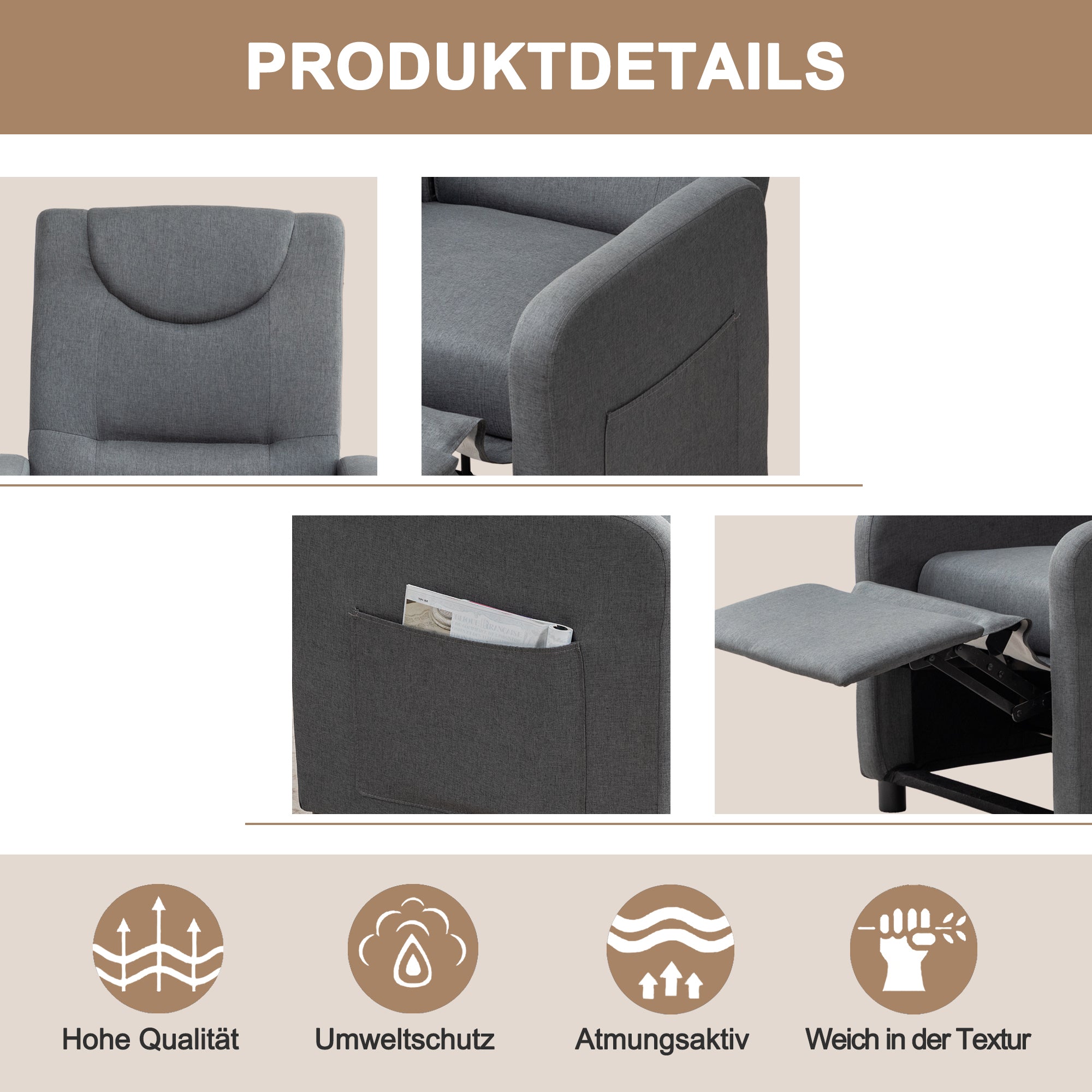 Reclining Armchair Adjustable Function - Dark Grey
