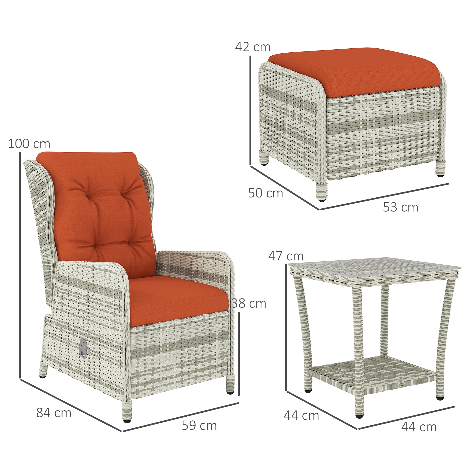 5 Pieces Rattan Bistro Set, Adjustable Reclining Chairs with Cushions and Glass Top Table, Orange