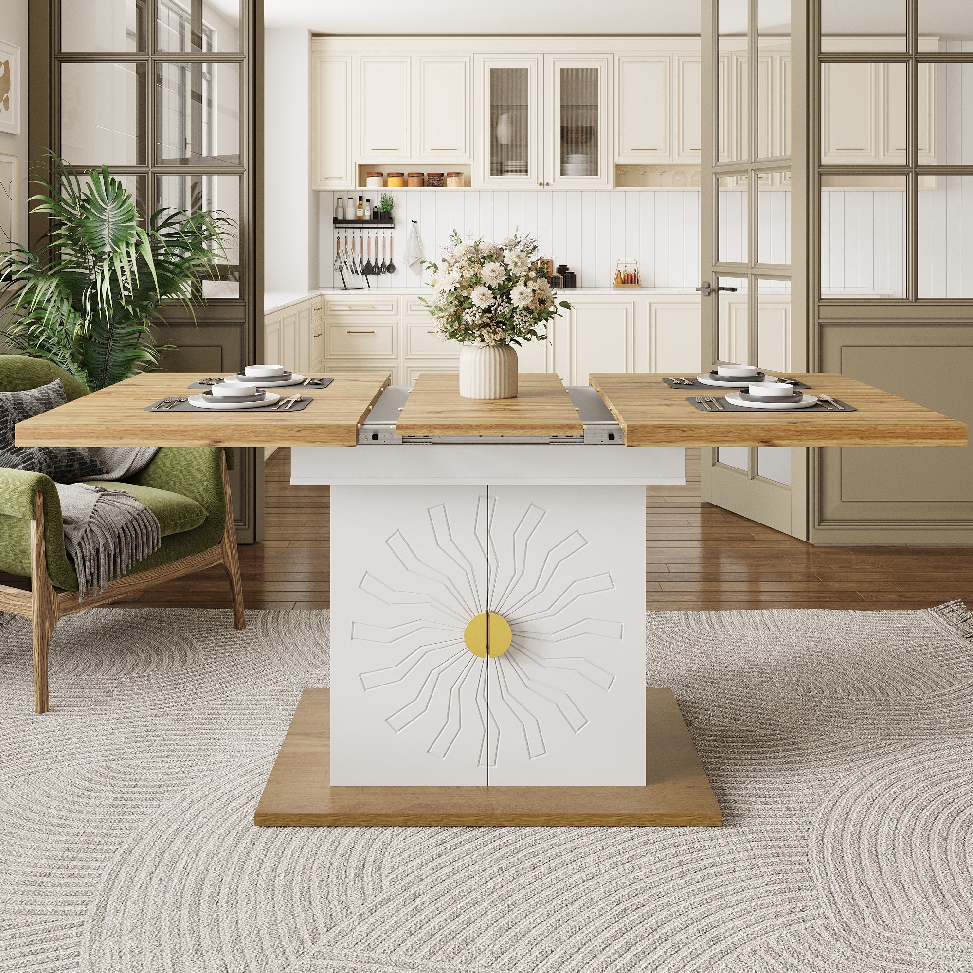 Extendable Dining Table with Storage and Sunburst Relief, Wood Veneer