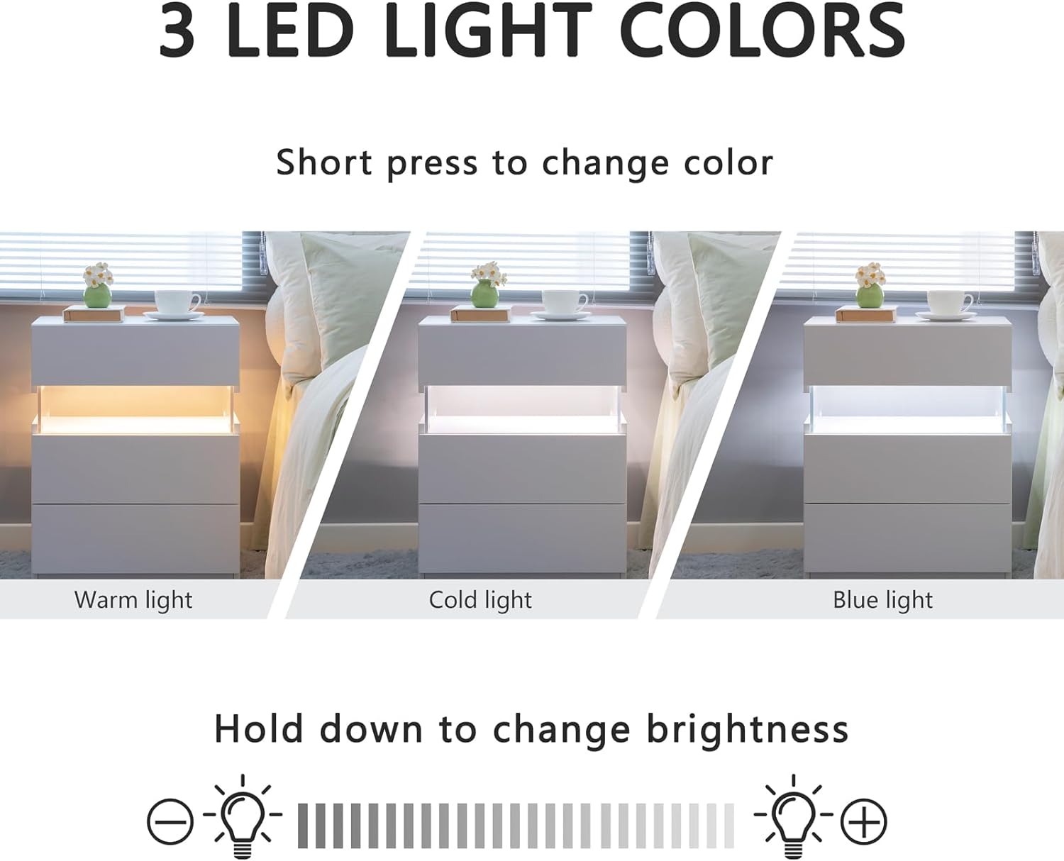 LED Nightstands: Acrylic Board LED Bedside Tables with 3 Drawer Dresser, White