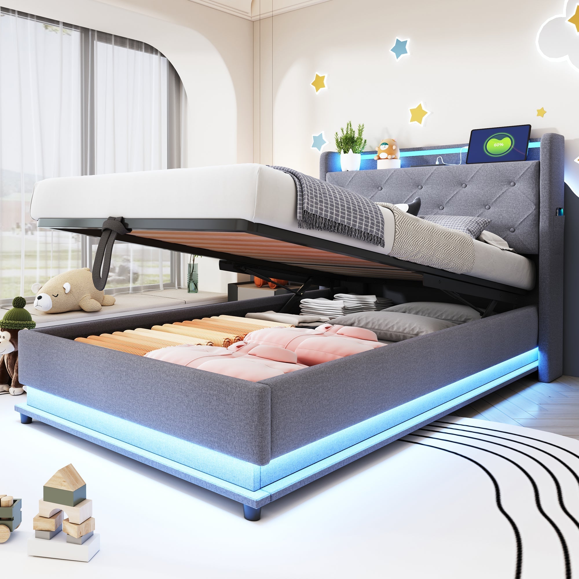 Children's Bed, Upholstered with Lights, USB, Storage, Gray Linen
