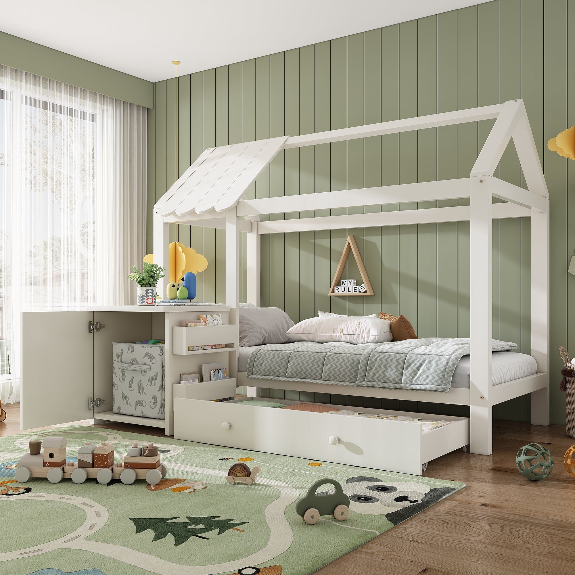 House Bed Children's Bed 90x200 cm, Solid Wood with Drawers & Removable Bedside Table, White