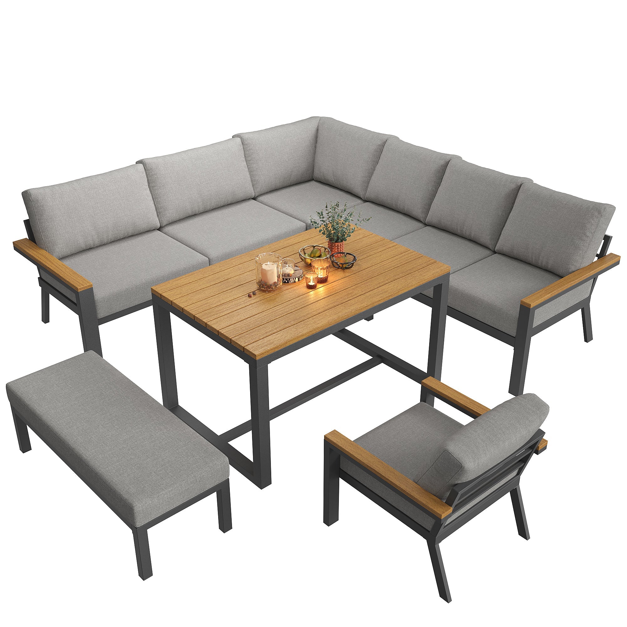 L-Shaped Garden Sofa Set 8-Person Iron Frame Wood Table - Grey Cushions