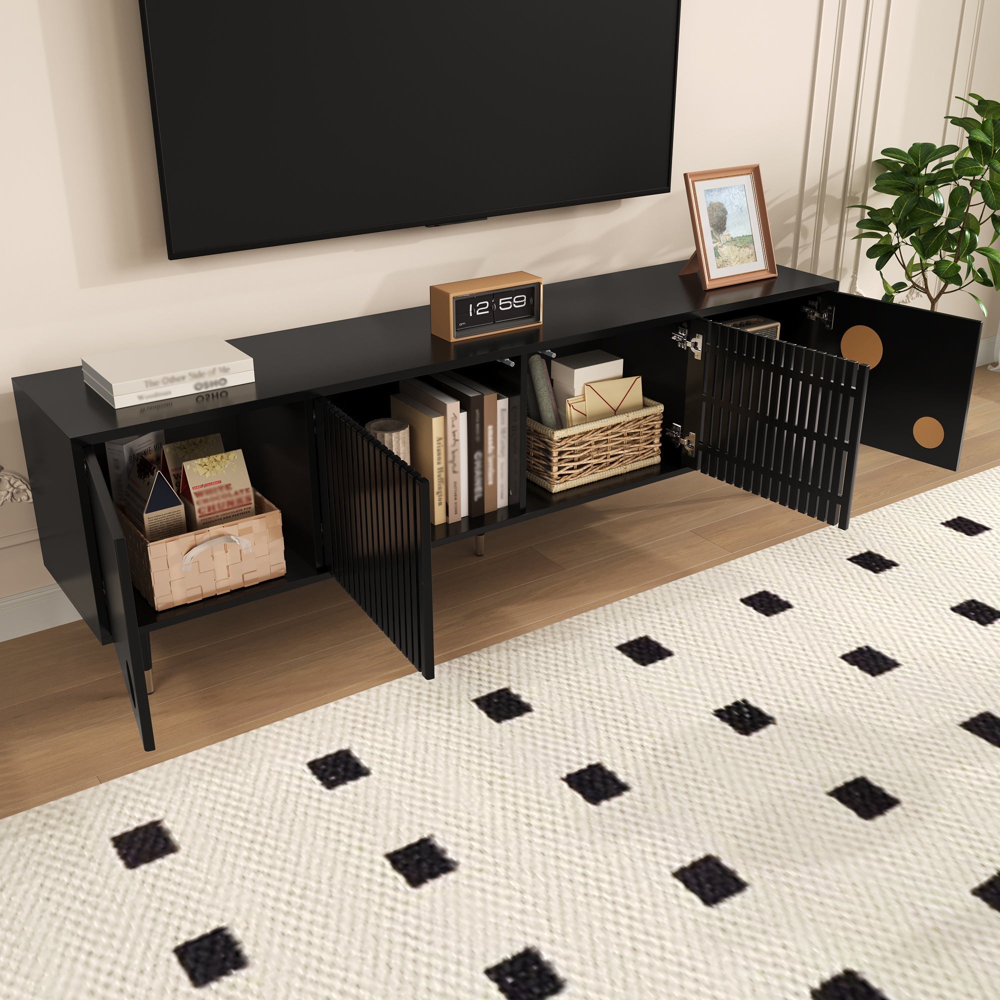 TV Cabinet, Lattice, Hidden Handles, Gold Decor, Solid Wood