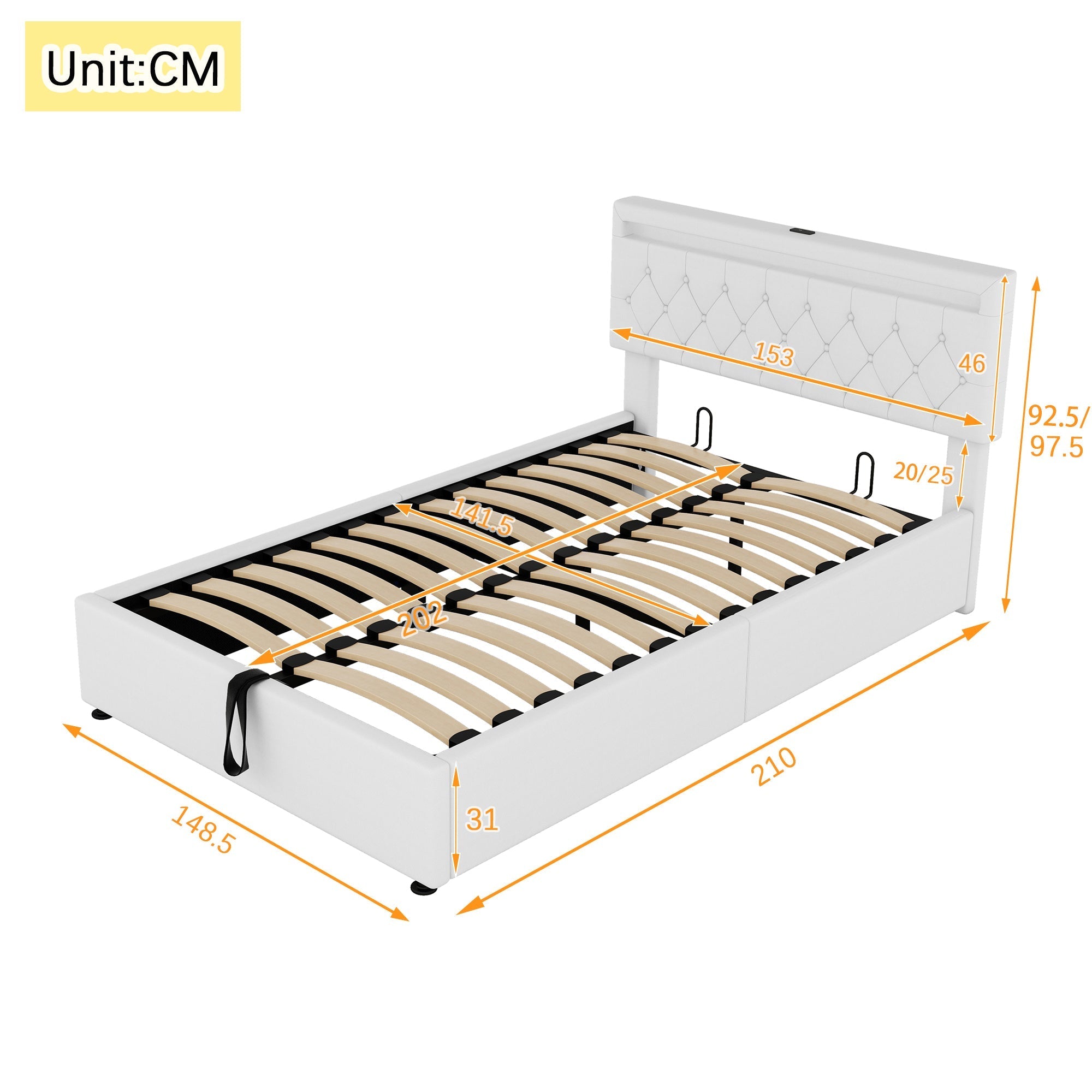Upholstered Bed 140x200cm Adjustable Ambient Light USB/Type-C Storage - White