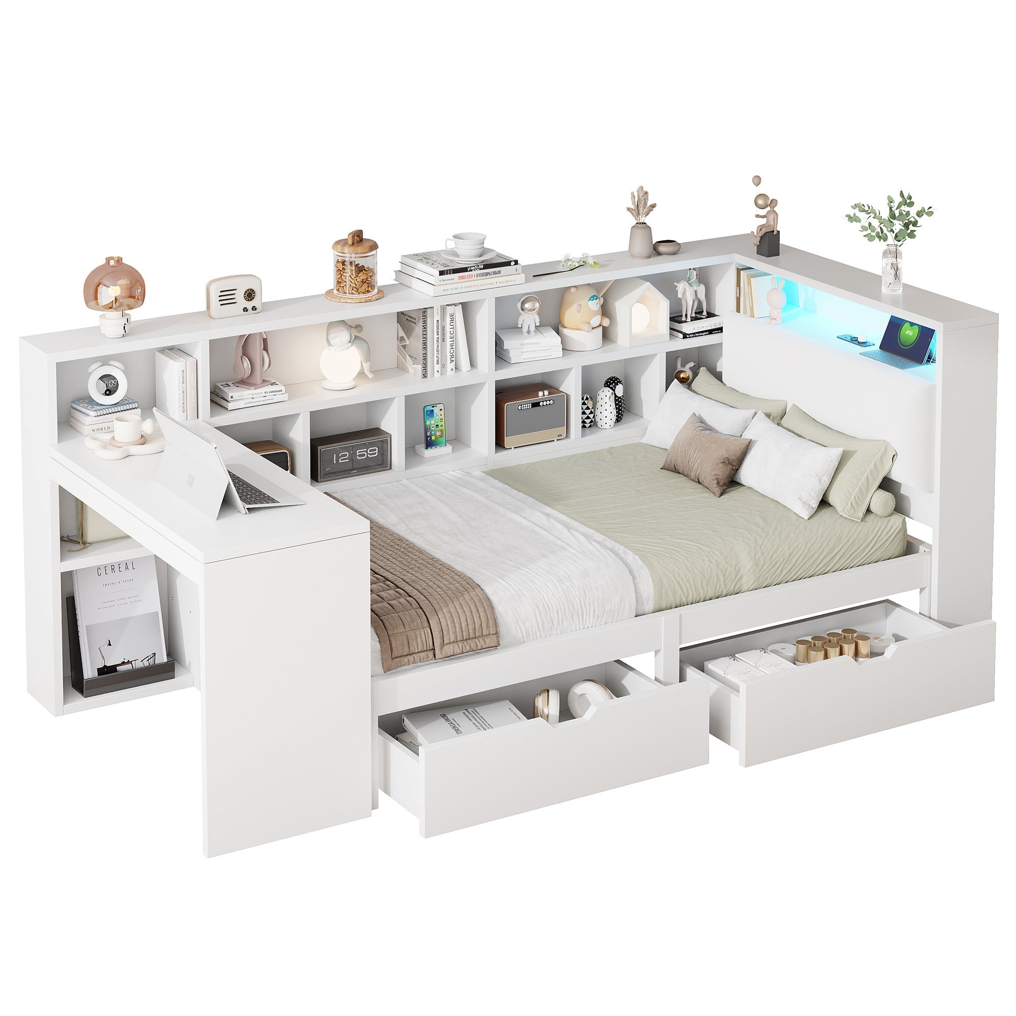 L-Shaped Platform Bed 90x200 Desk Bookshelf Drawers LED - White