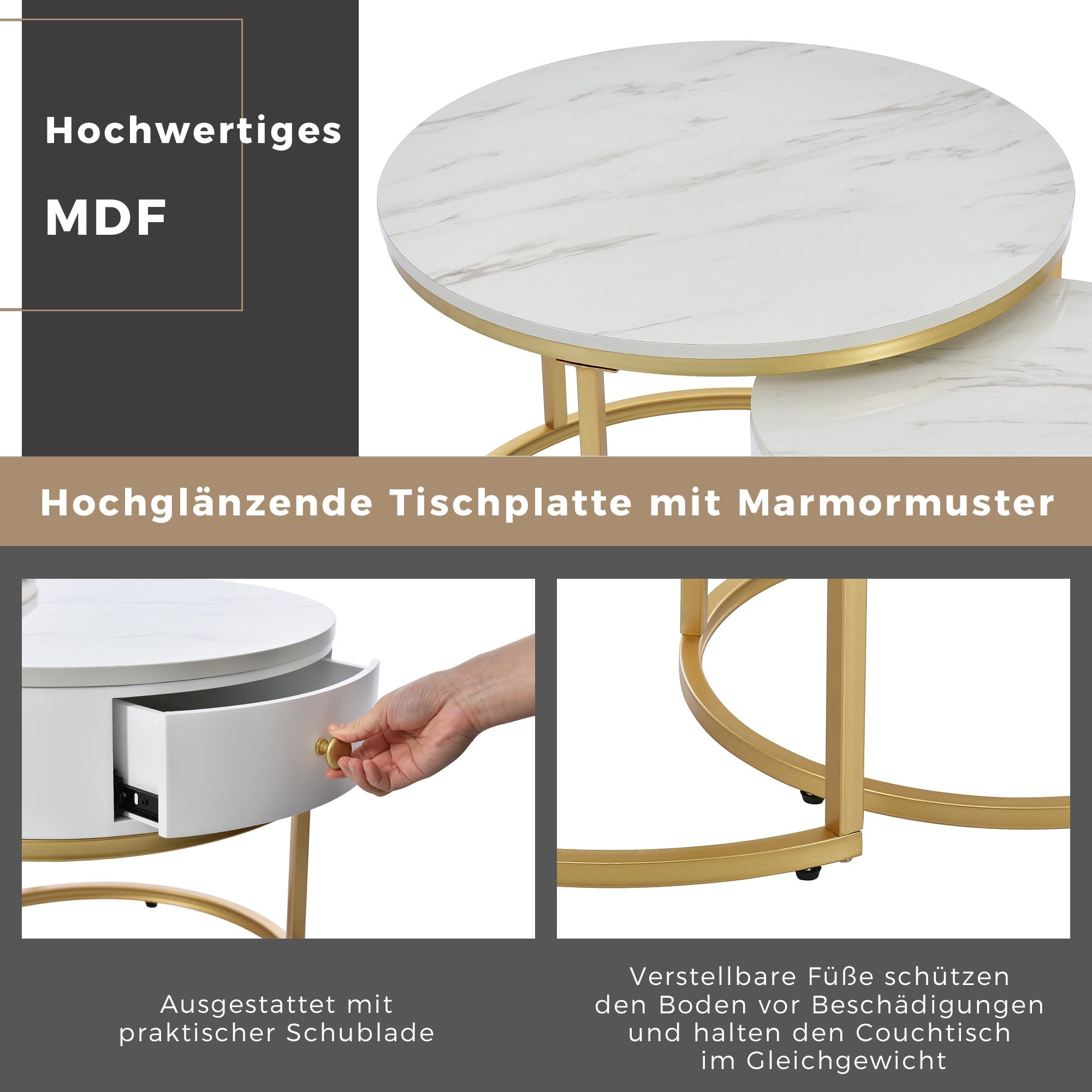 Modern Nesting Coffee Table, 2-Piece Set Round Nested Side Table, High Gloss White Marble Pattern