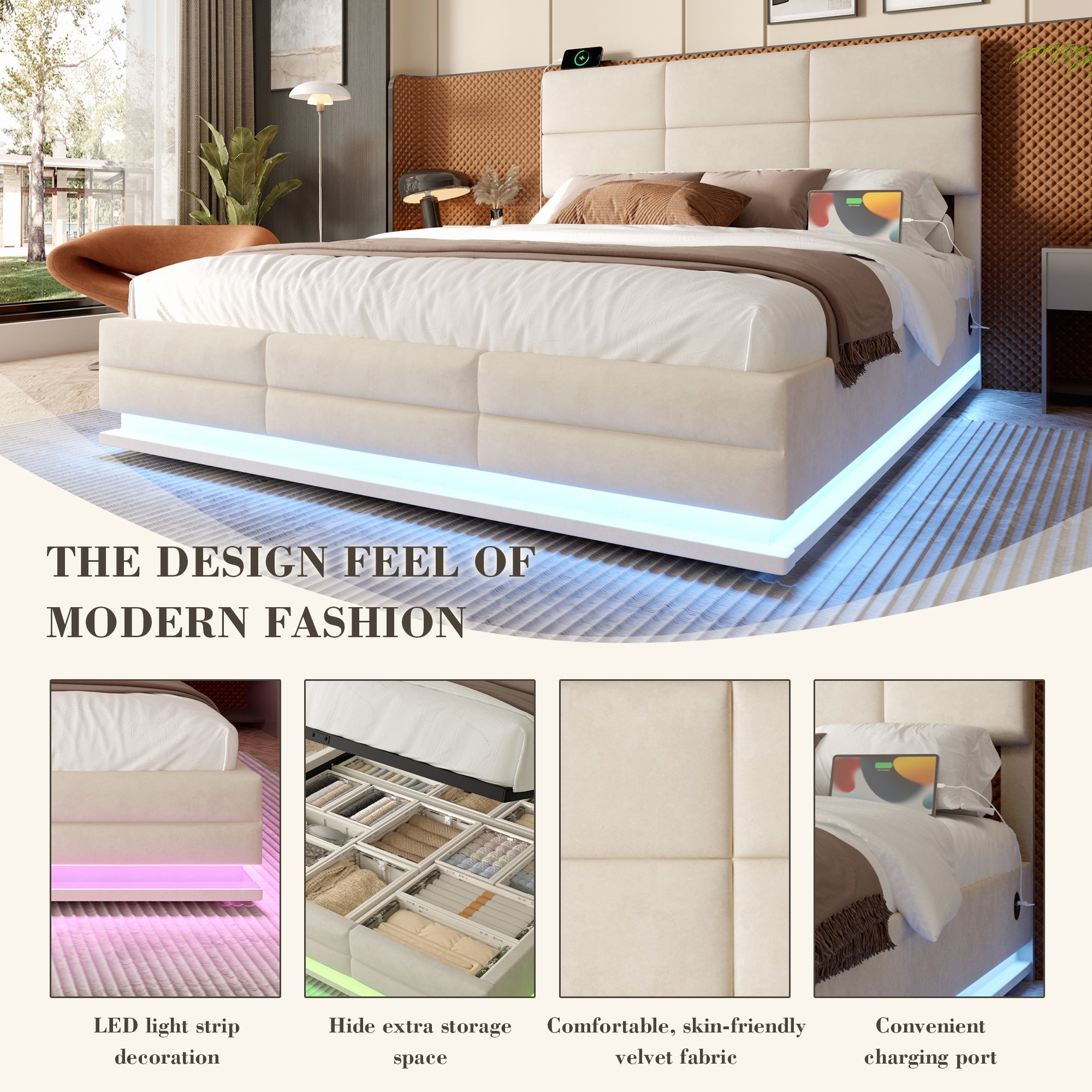 Modern Upholstered Bed 150x200cm, USB/LED, Hydraulic Storage, Beige Velvet