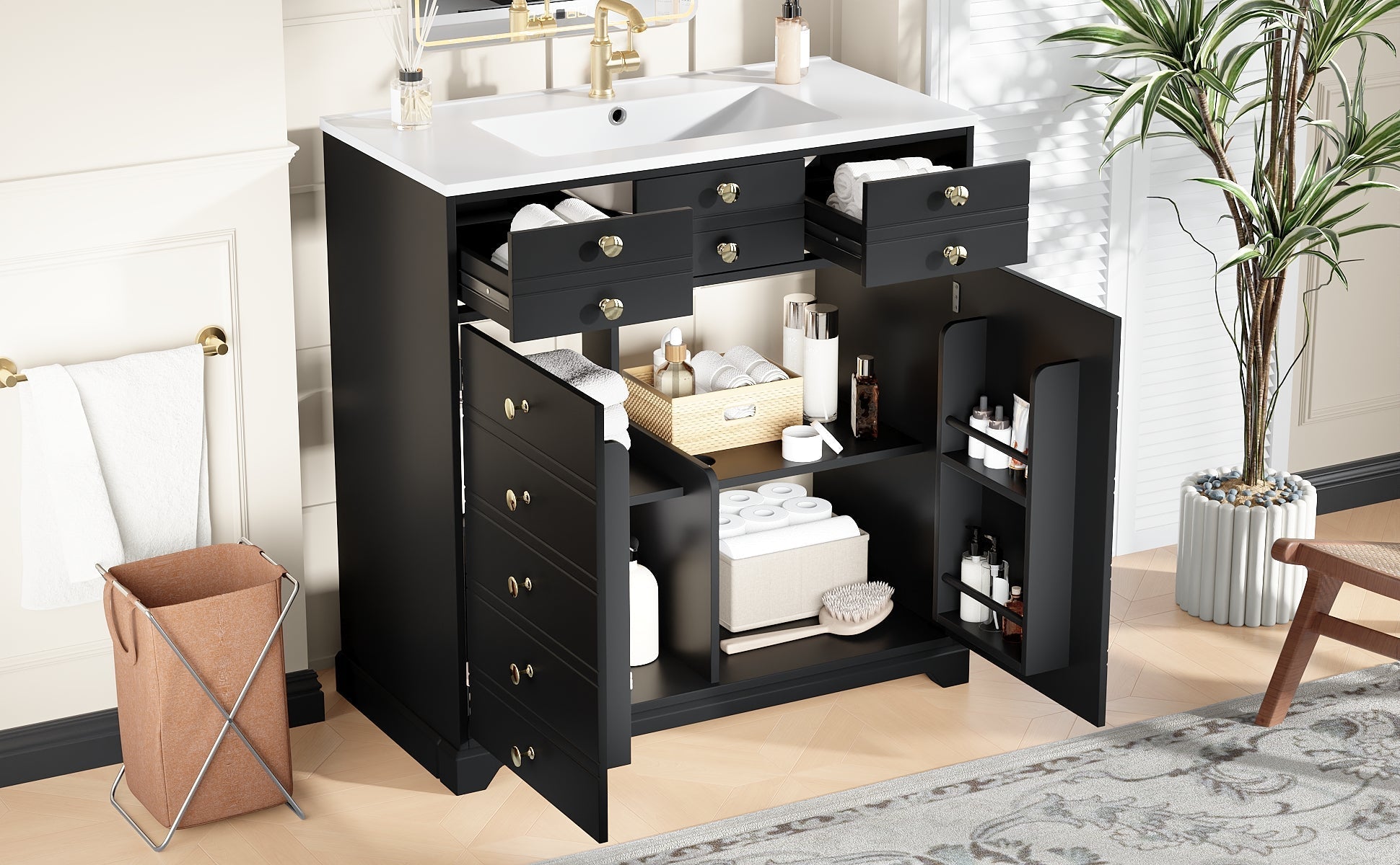 Bathroom Vanity Unit with Ceramic Sink and Storage Drawers, Black and Gold