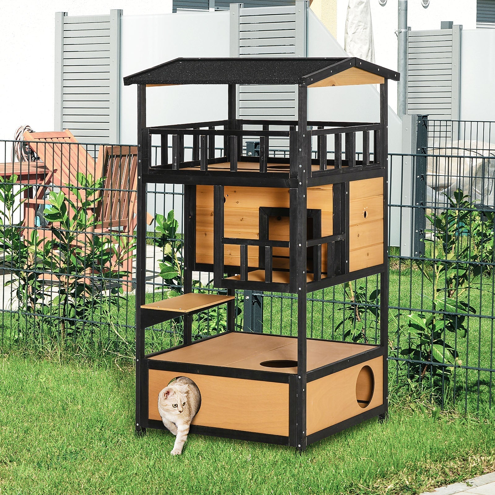 Cat House, 4 Levels with Stairs, Winter-Proof, Yellow Fir Wood