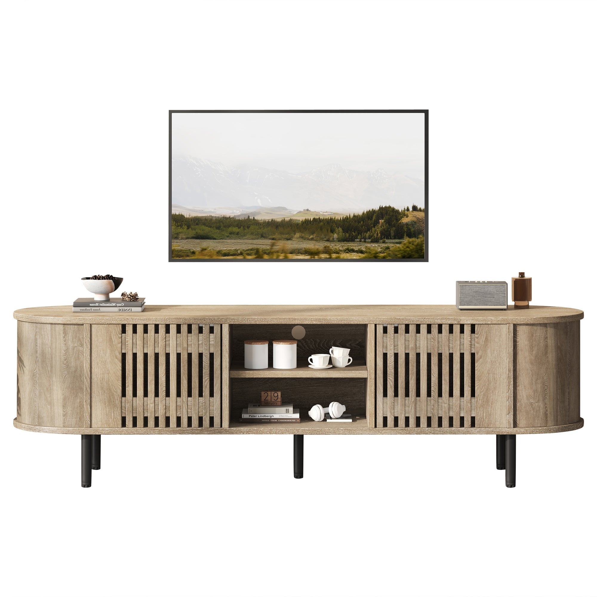 TV Cabinet Lowboard 160x40x47cm Openwork Design 2 Cabinets for 65" TV - Natural Wood