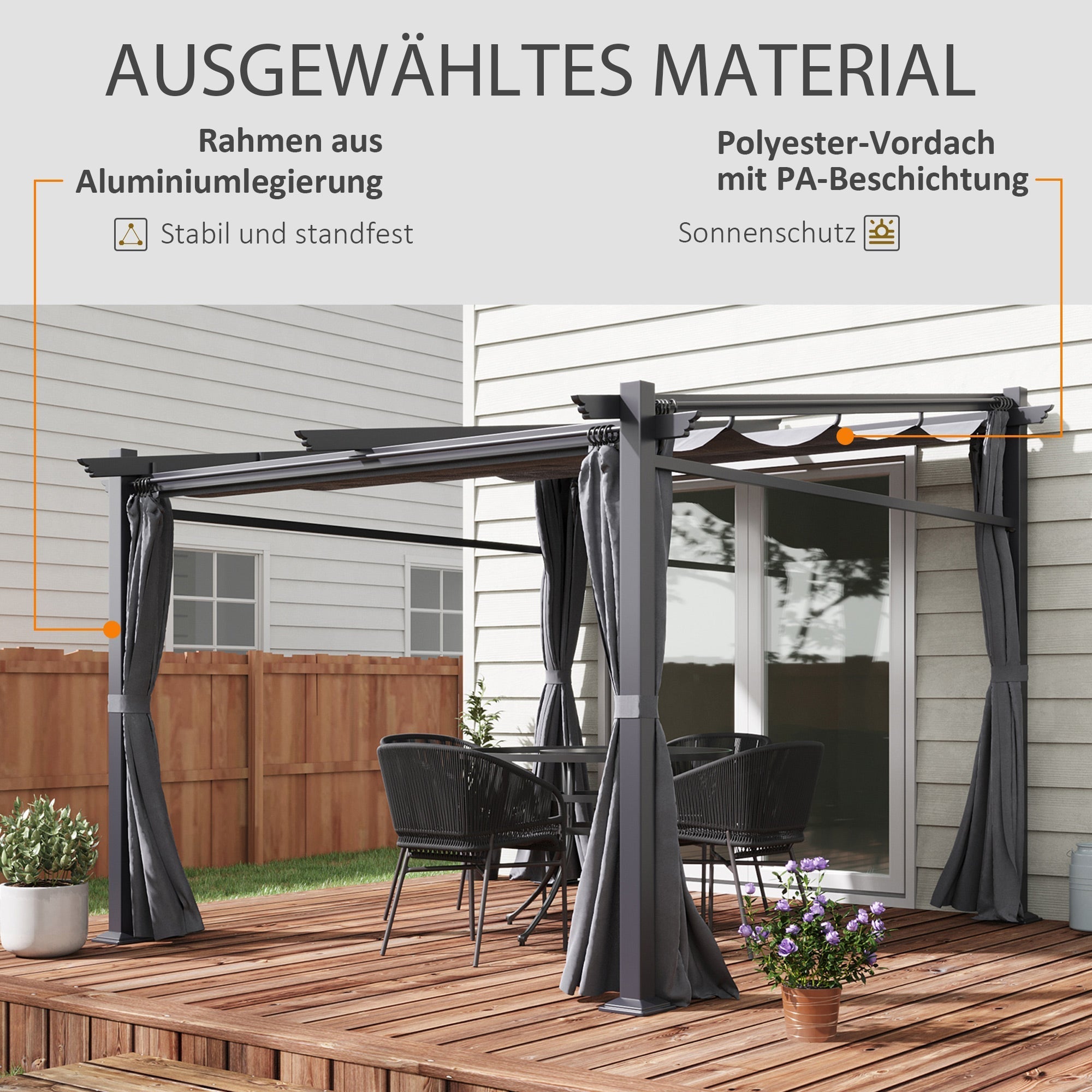 Pergola 2.97 x 2.95 m Water-Repellent Sunshade Side Panels Patio Cover, Dark Grey Polyester