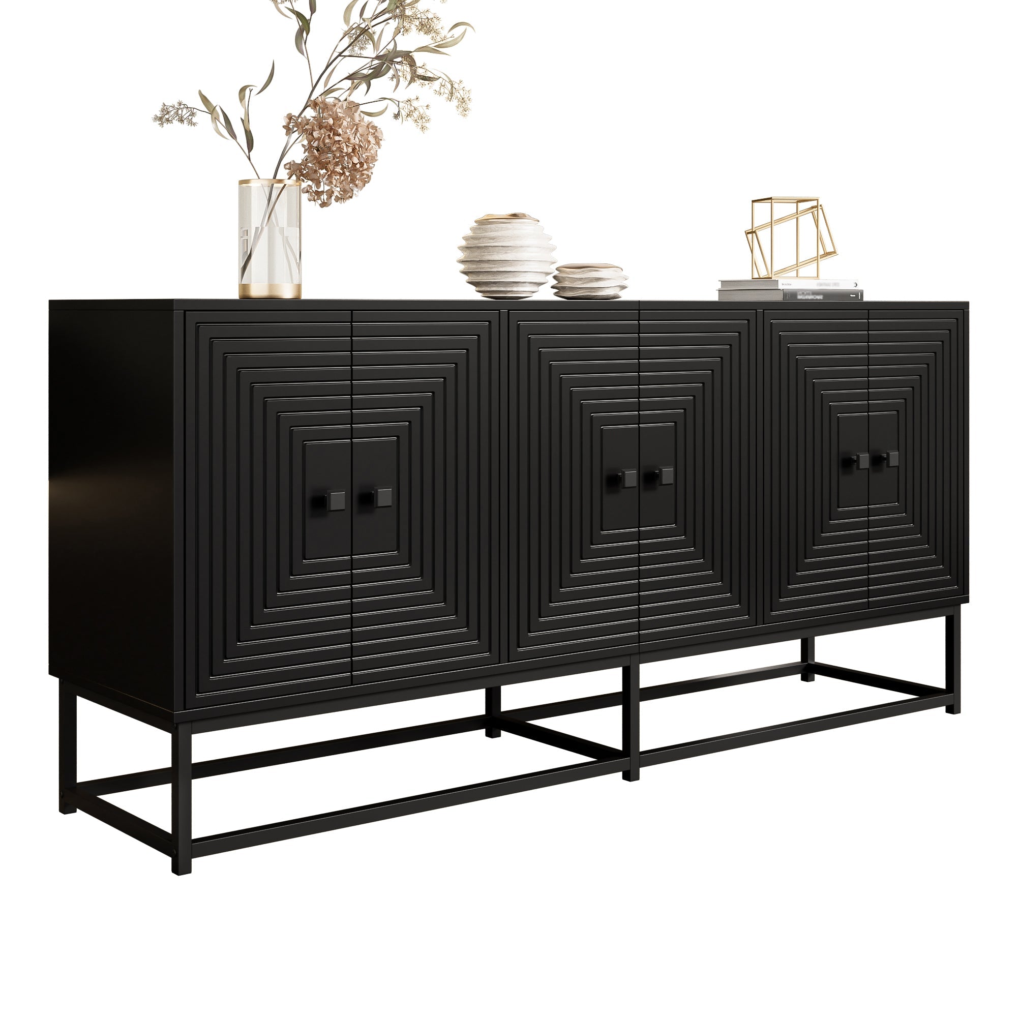 Sideboard Cabinet 3 Double Doors Large Storage Matte Finish - Black