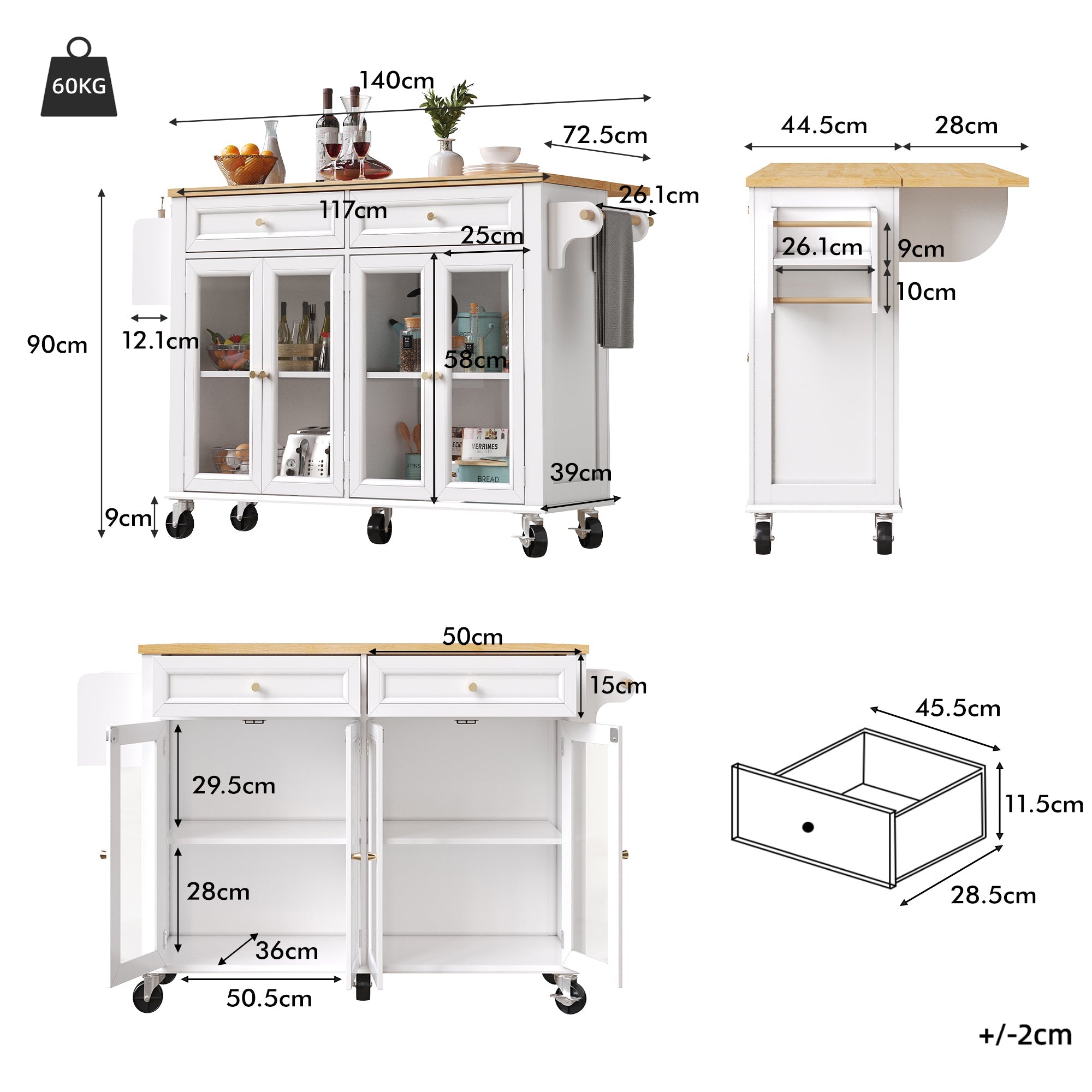 Kitchen Island Multifunctional with Wheels Glass Doors, White