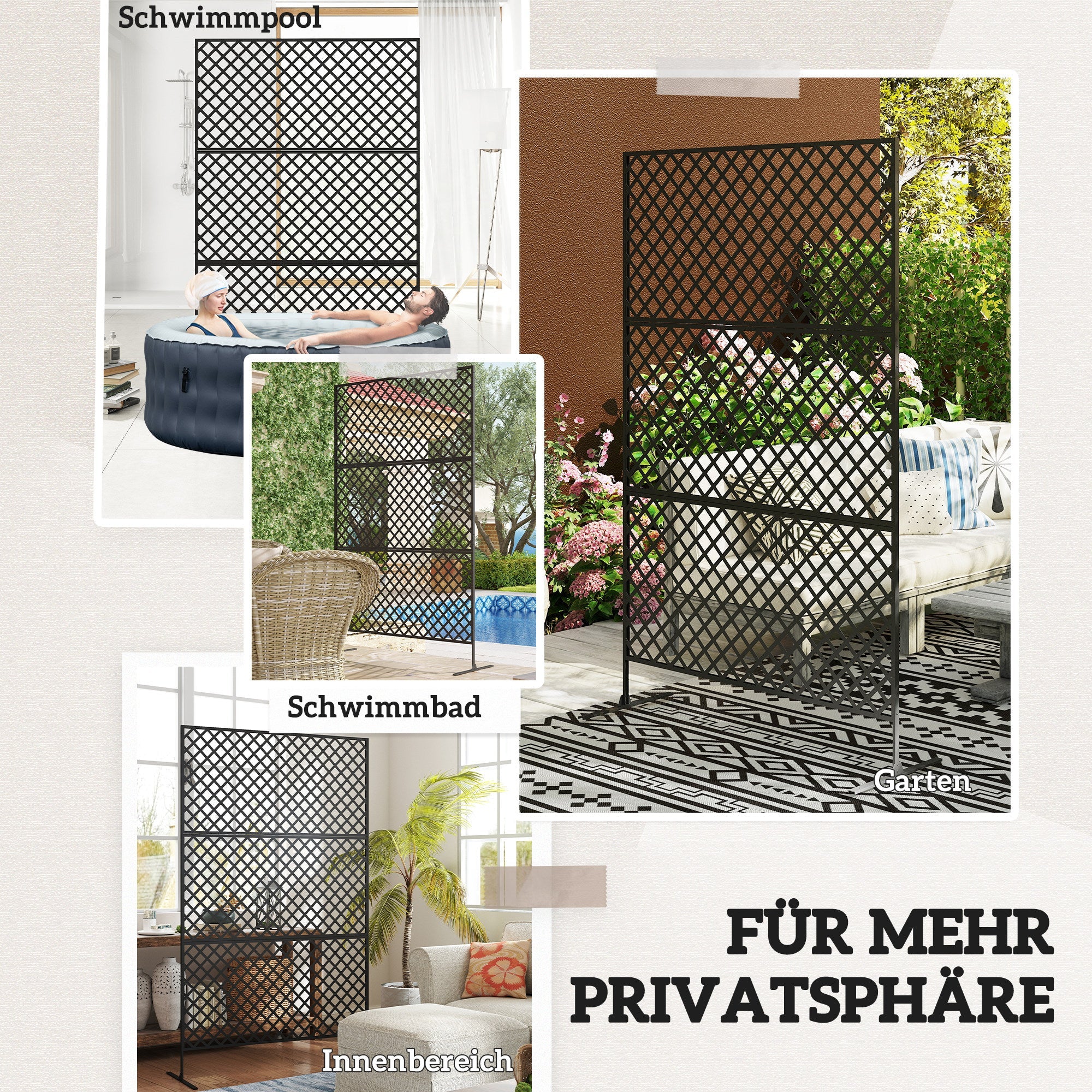 3-Panel Room Divider 122x198cm Freestanding Grid Screen, Steel, Black