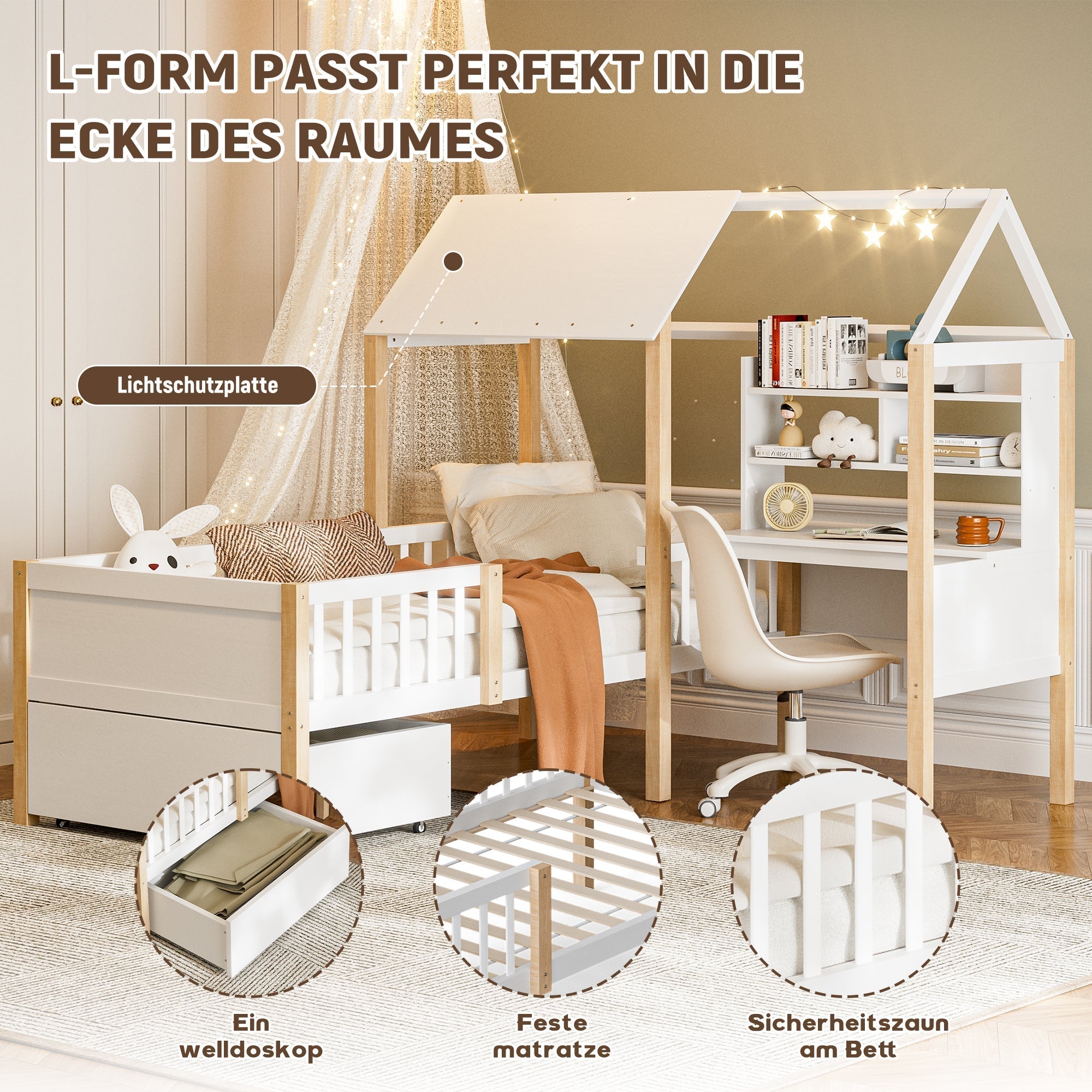 Children's House Bed 90x200cm Multifunctional Desk Bookshelf Drawers Solid Wood White
