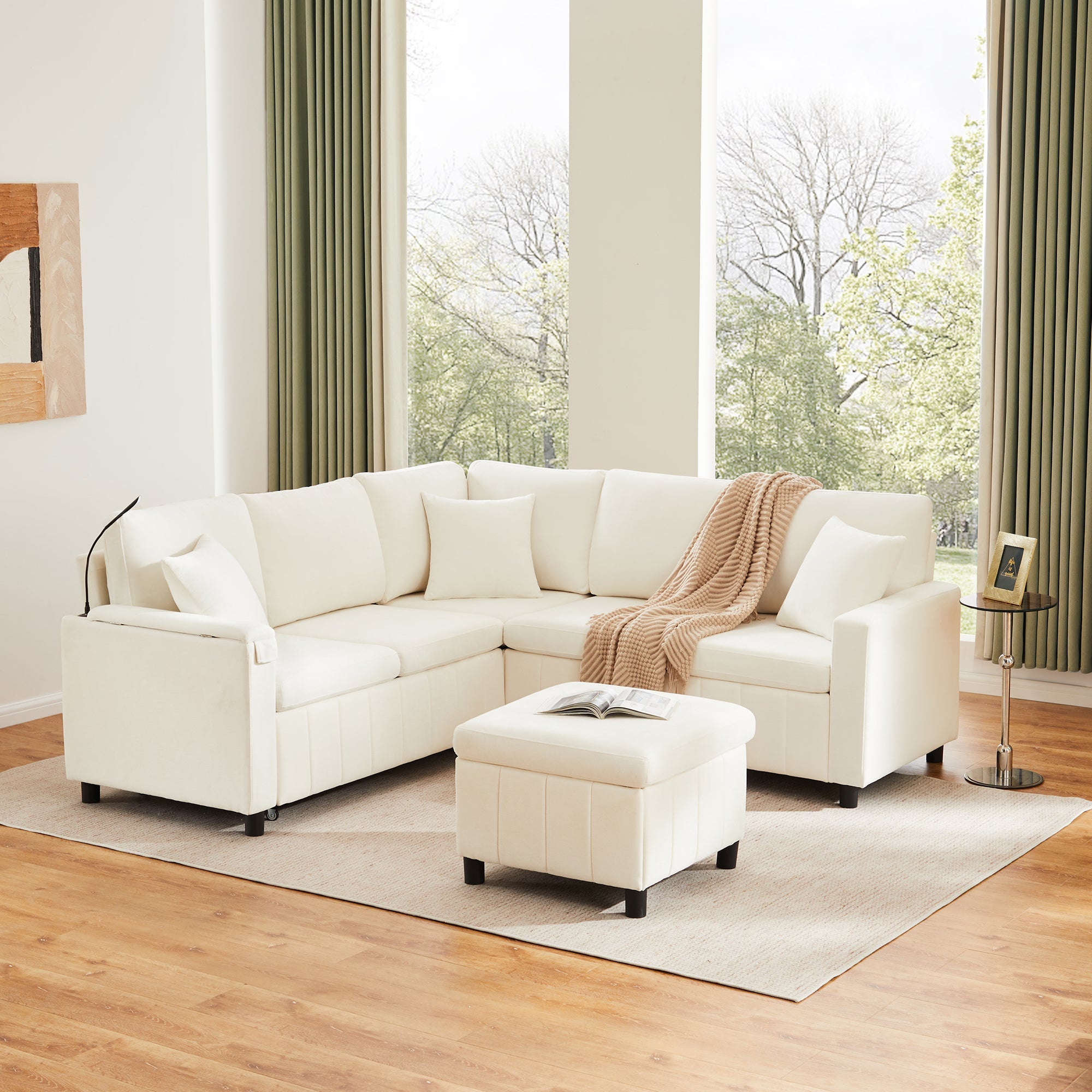 Chenille Corner Sofa Bed with Ottoman and USB Charging, Beige