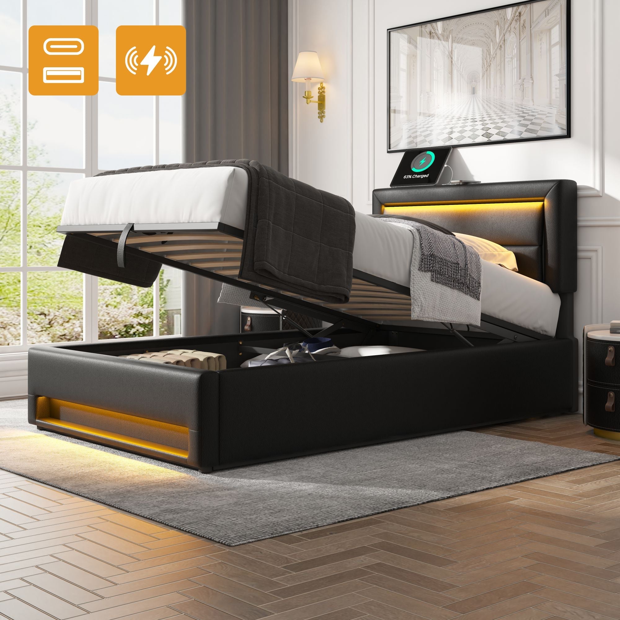 Upholstered Bed 90 x 190 cm with USB Charging, LED Lighting and Storage, Black PU Leather