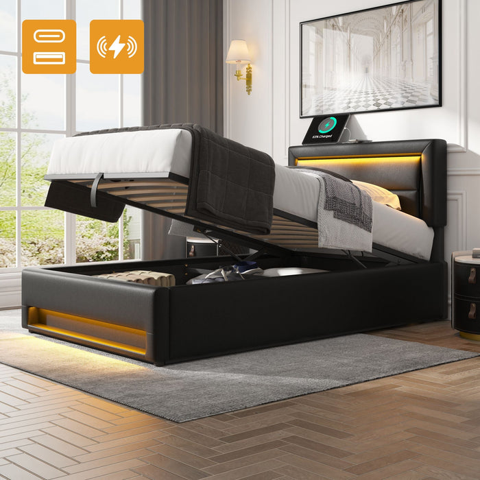 Upholstered Bed 90 x 190 cm with USB Charging, LED Lighting and Storage, Black PU Leather