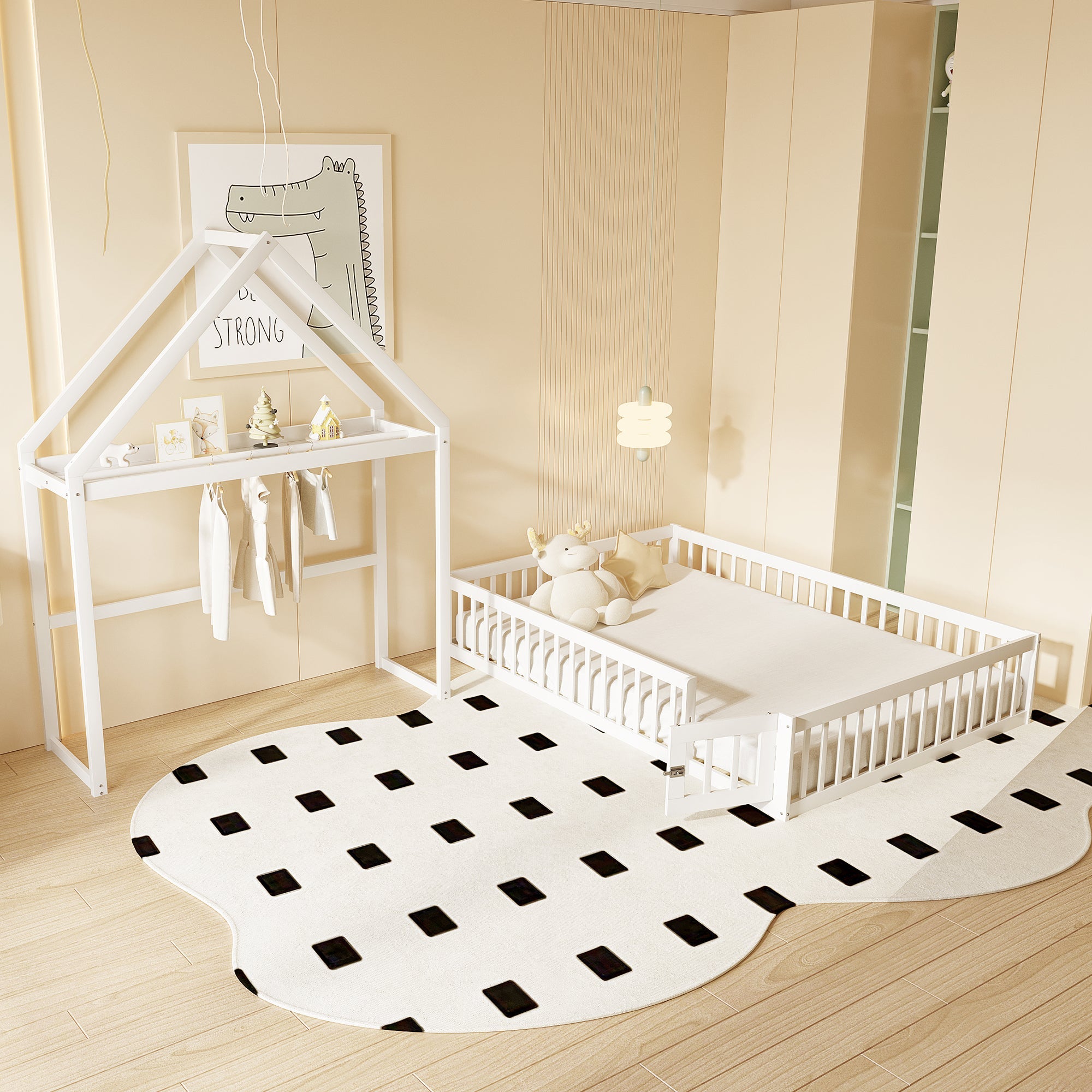 Children's Bed 140x200, Solid Wood Frame with Storage & Safety Gate, White