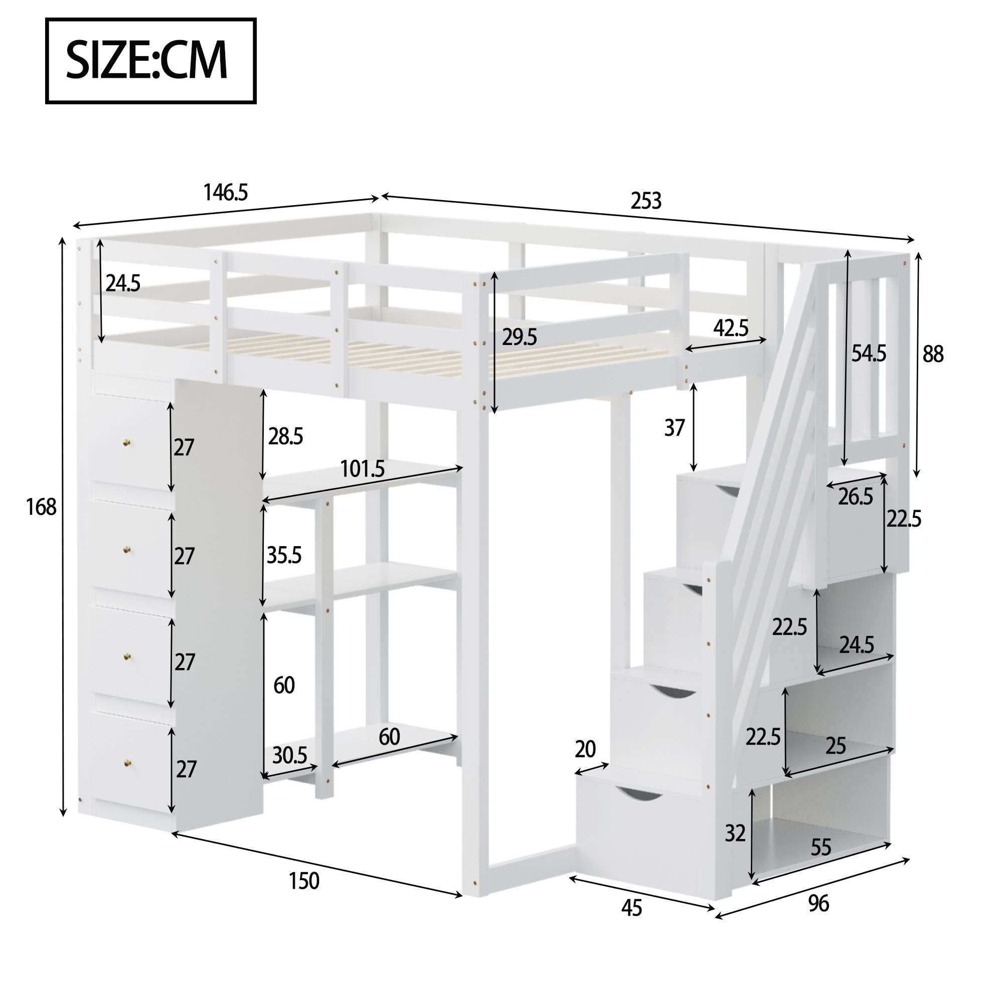 Loft Bed, 140x200cm with Storage, Ladder & Shelves, White Solid Wood