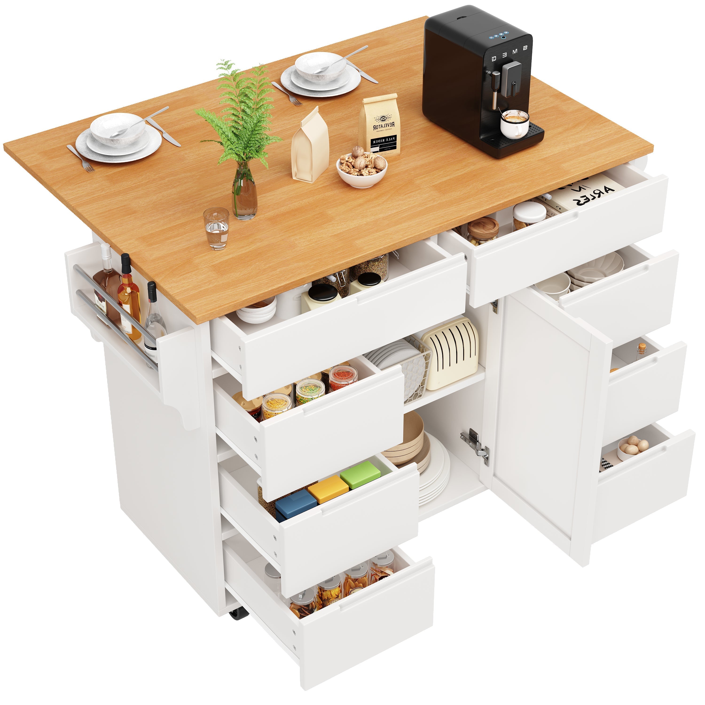 Extendable Kitchen Island Trolley 8 Drawers Worktop Wheels - White