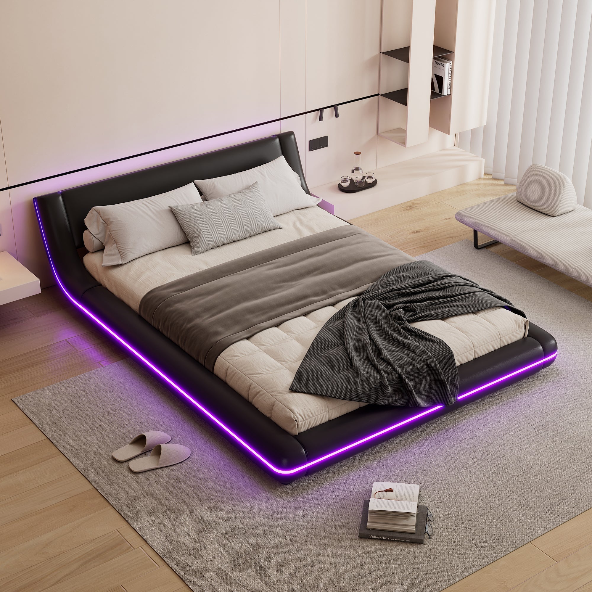 Floor Bed 140x200cm LED Ambient Light - PU Black
