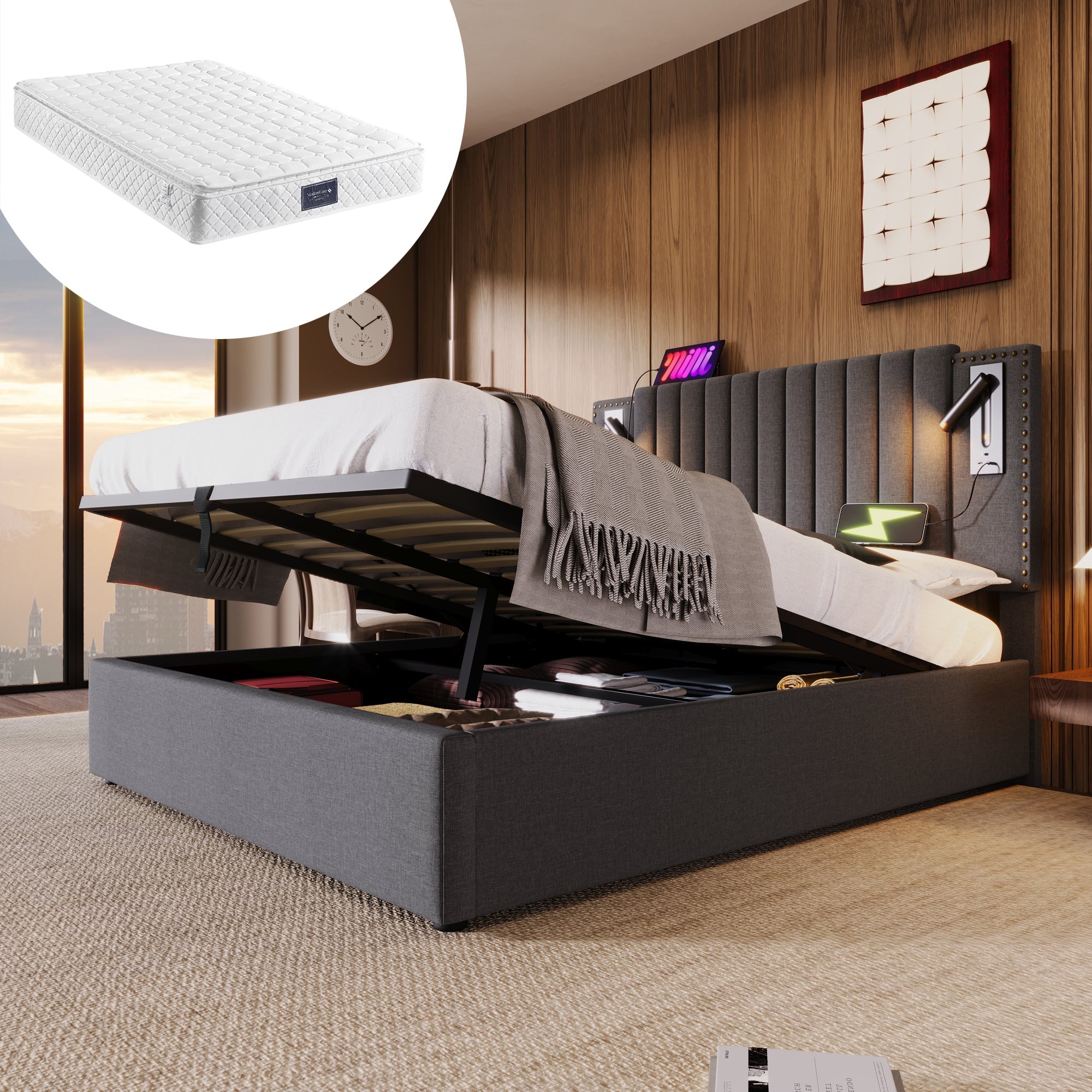 Upholstered Bed, 140x200 Double with Storage, USB Reading Light, Rivet Headboard, Gray Cotton