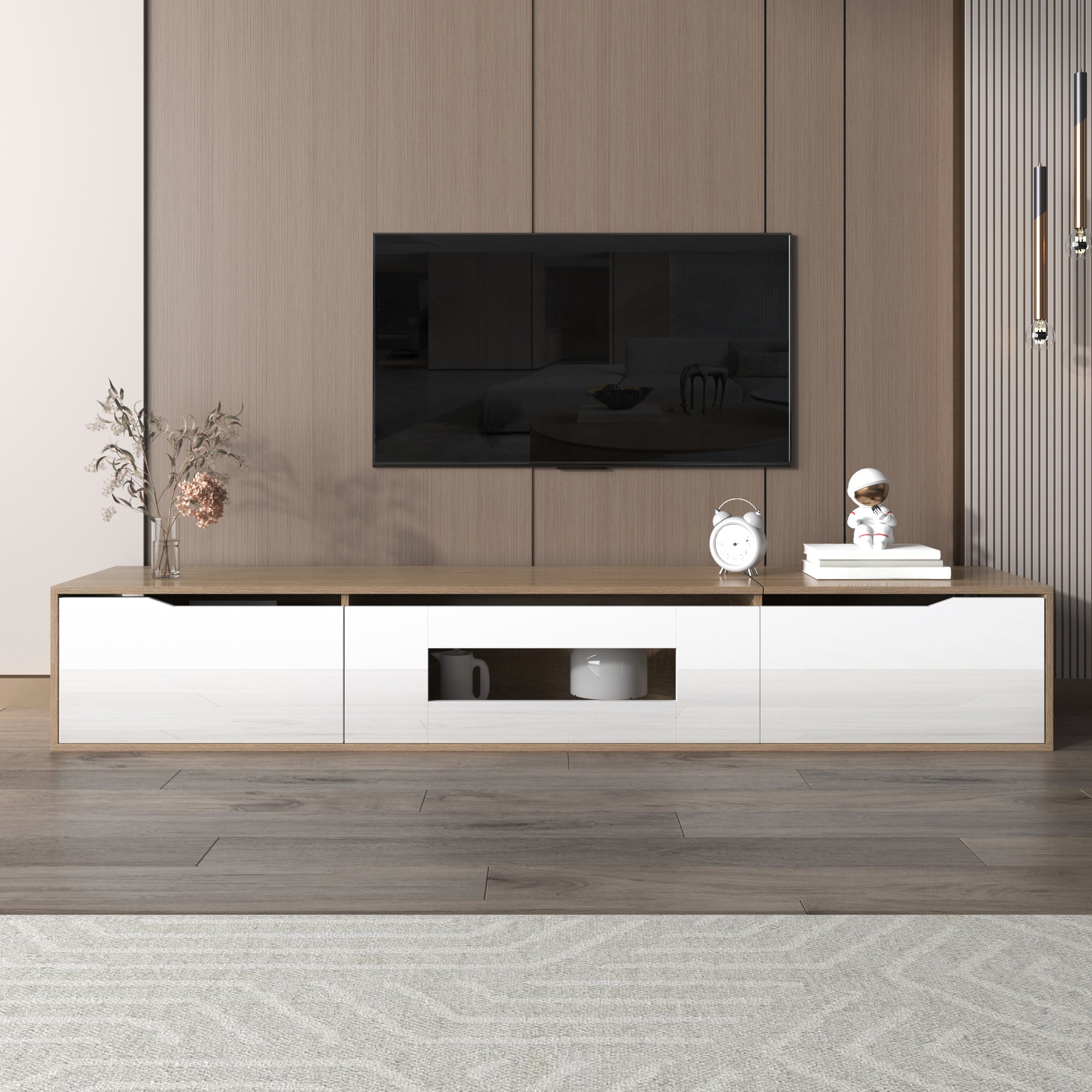 TV Cabinet, High Gloss with Color Changing LED Light, White and Wood Color