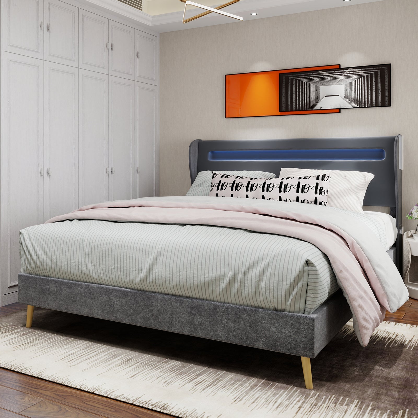 Upholstered Bed, Modern Minimalist LED Headboard, 160x200 cm, Grey