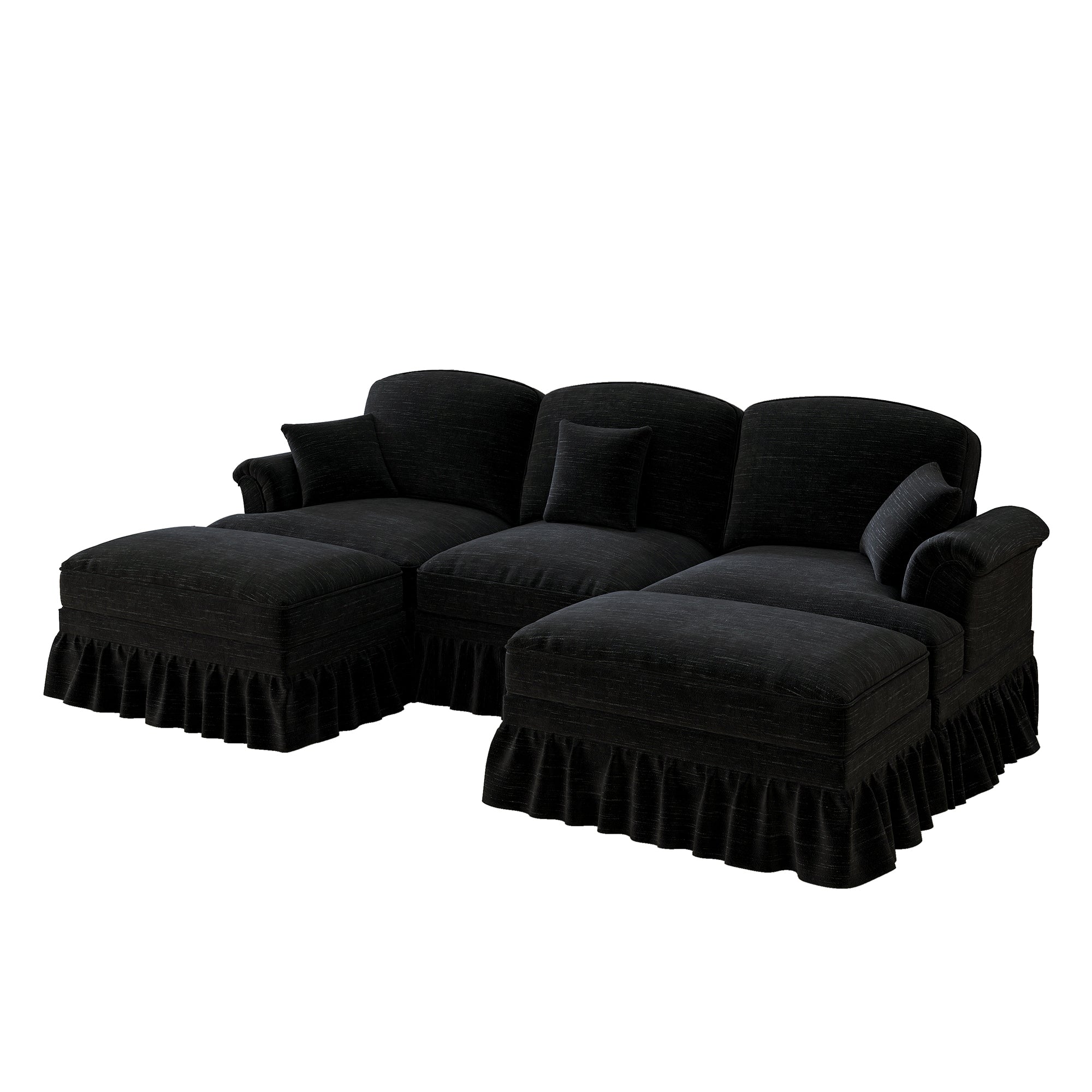 Modular U-Shaped Sofa Movable Ottoman Ruffled Apron Chenille Black