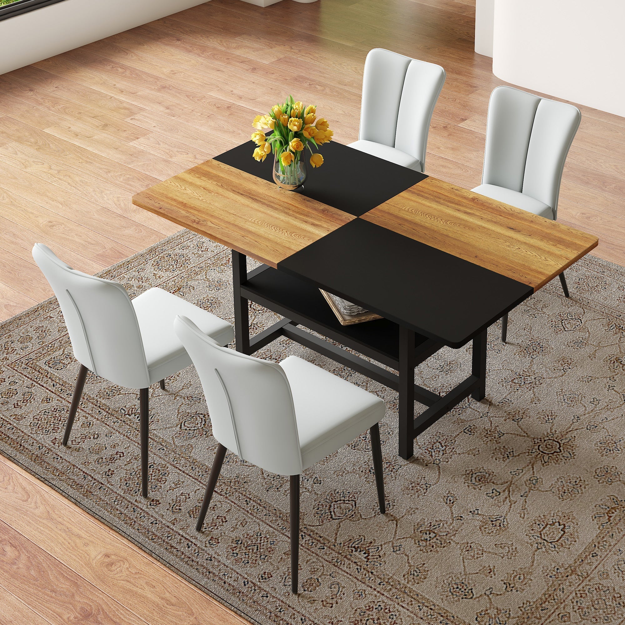 Dining Table Set 160cm Rectangular Storage 4 Chairs - Light Grey PU Leather