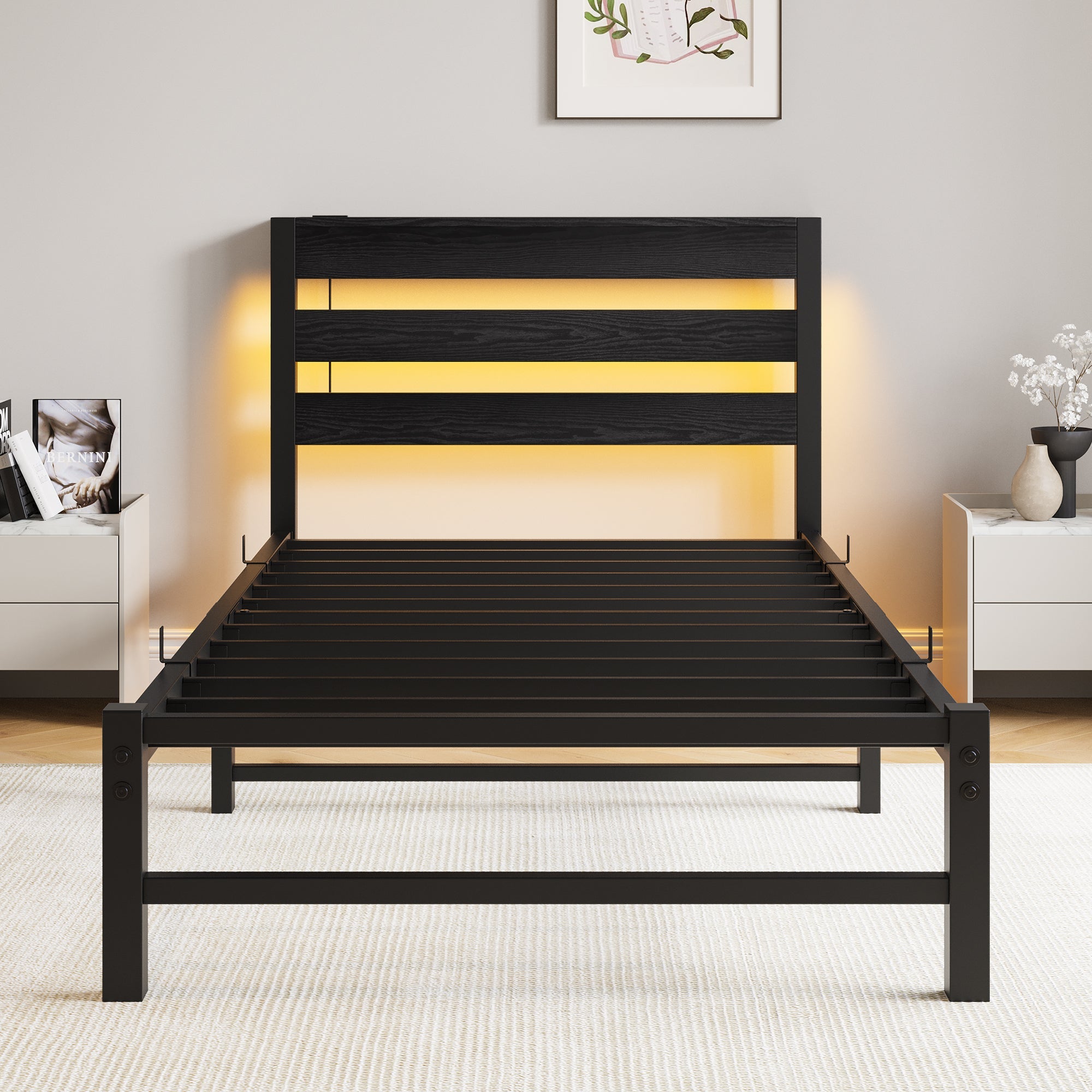 Metal Bed Frame 90x200 with LED Light USB Charging & Under-Bed Storage