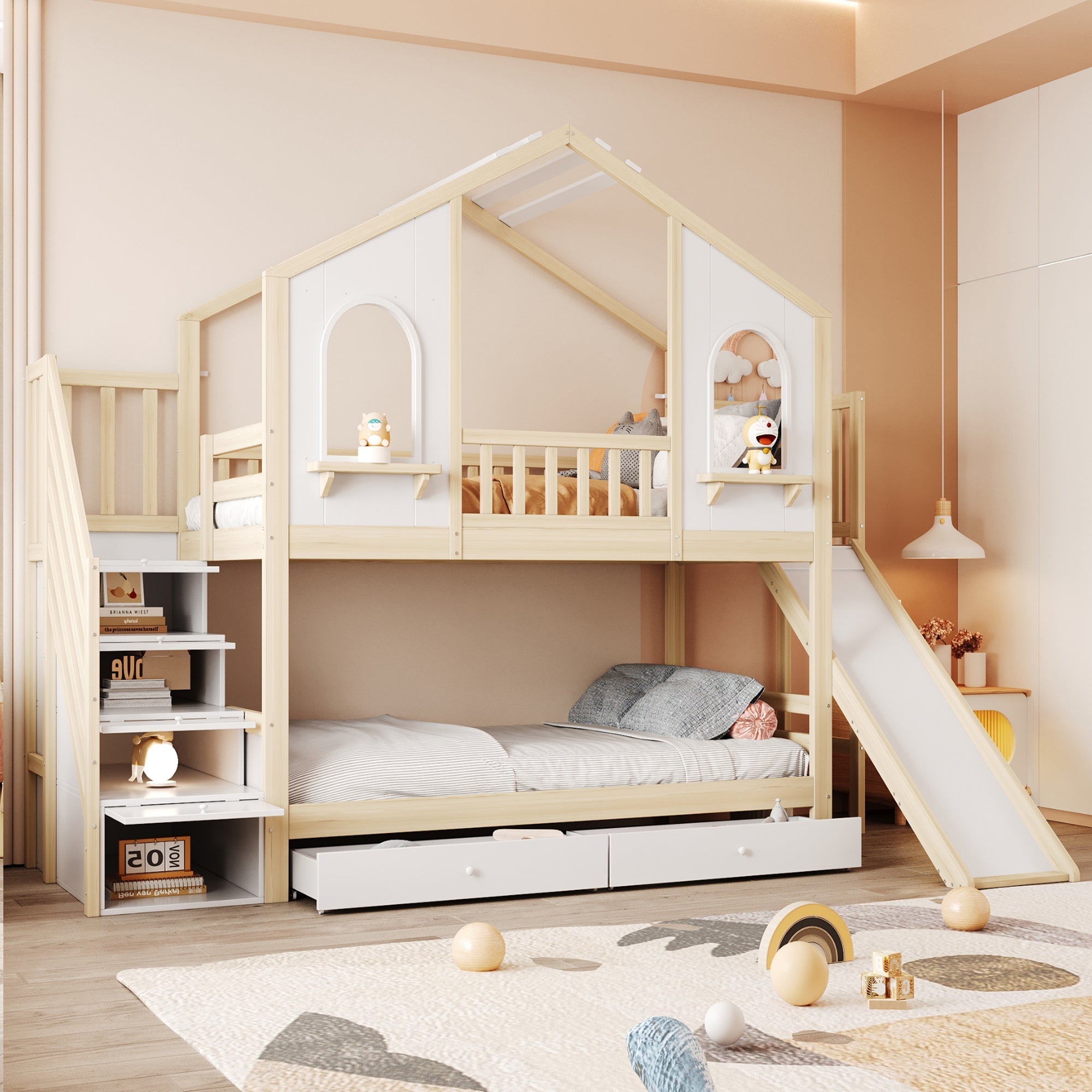 Children's Bunk Bed 90x200cm House Slide Storage Wood Color