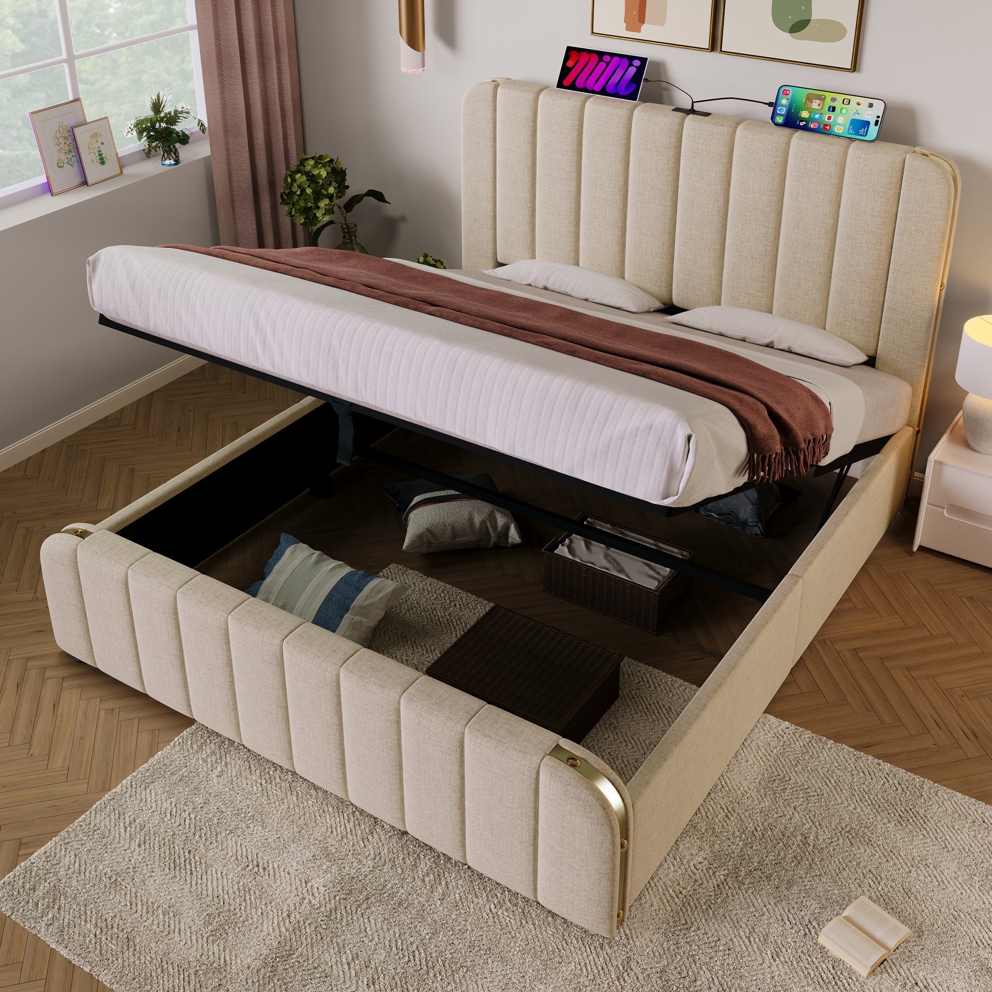 Upholstered Bed, Double Headboard with USB-C Charging, 140x200 cm, Beige Linen