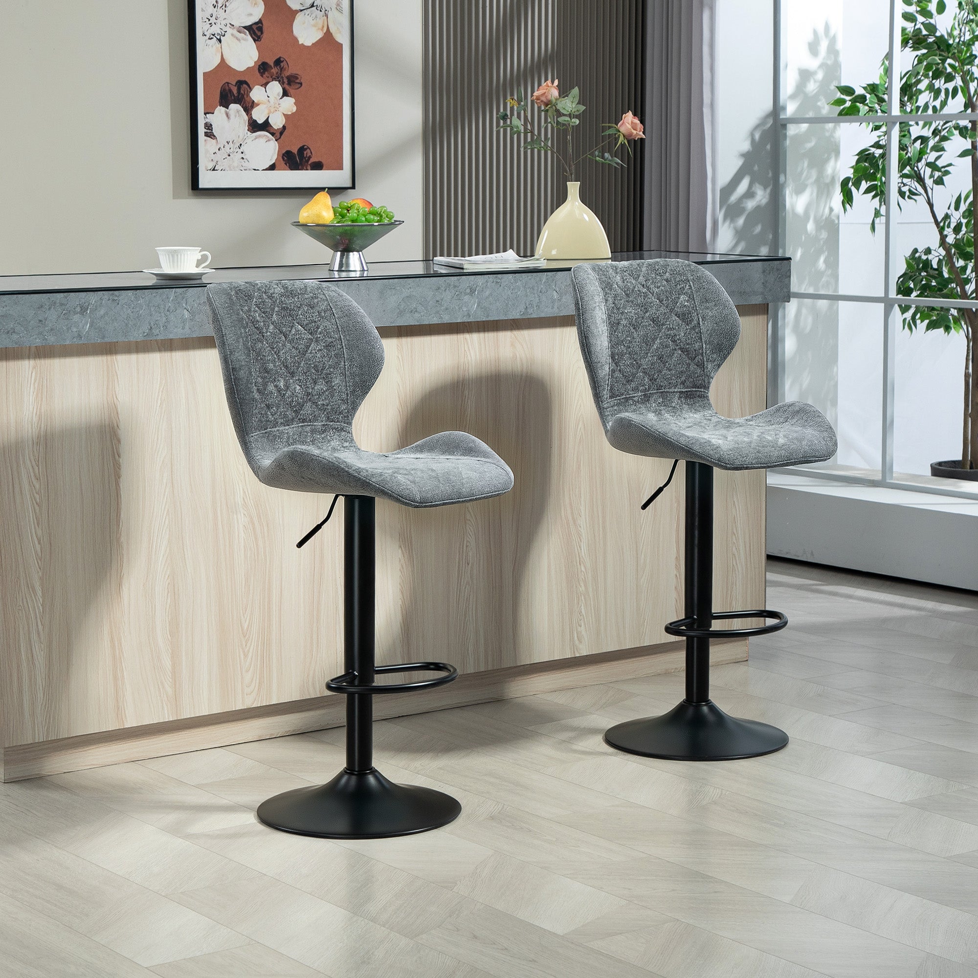 Bar stool set of 2, upholstered with backrest, height-adjustable, 360° rotatable, dark gray chenille look