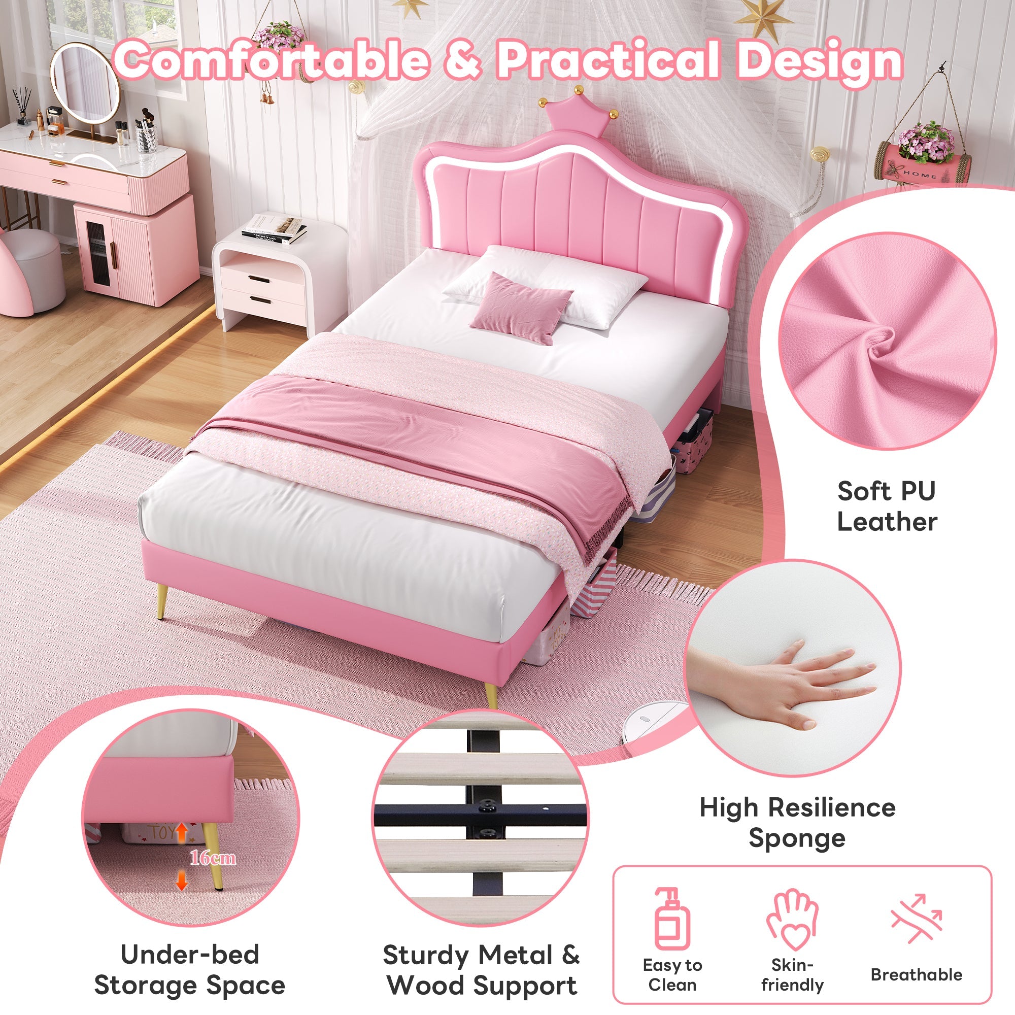 3ft Single Upholstered Bed with LED Adjustable Crown Headboard, PU Leather, Pink
