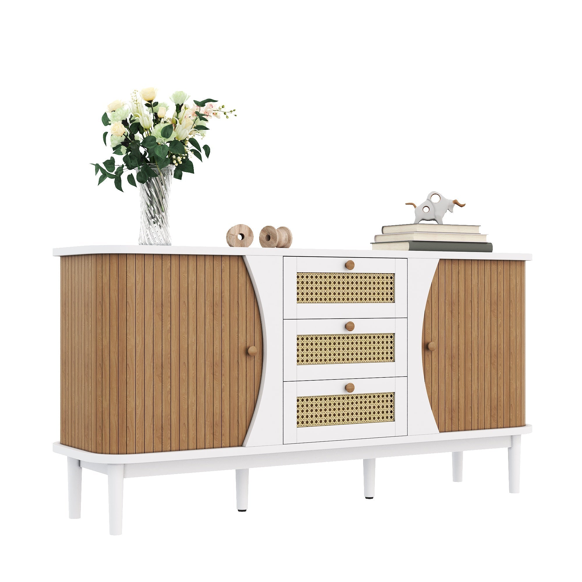 Sideboard, Rattan Sliding Door Chest, Adjustable Shelves, White and Wood