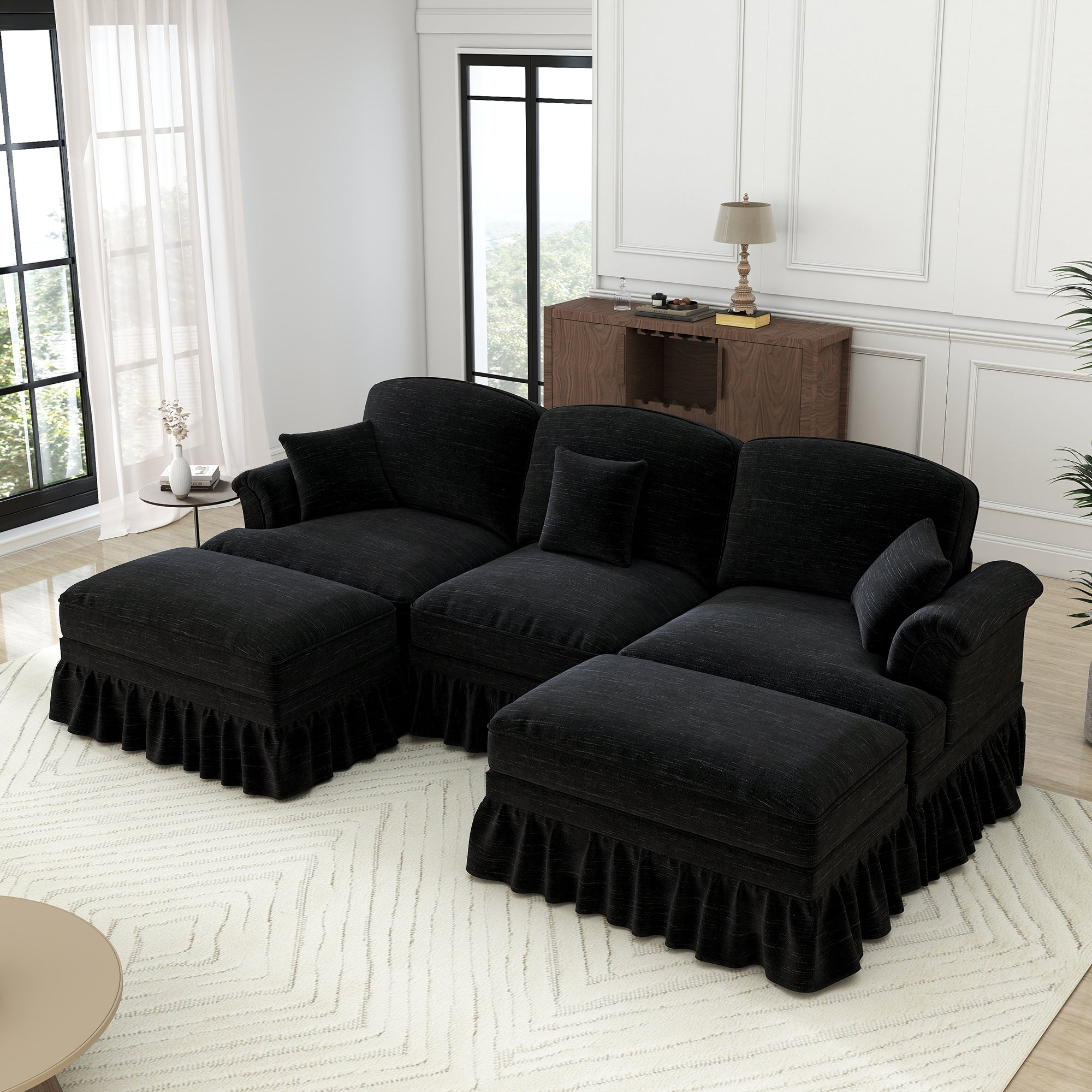 Modular U-Shaped Sofa Movable Ottoman Ruffled Apron Chenille Black