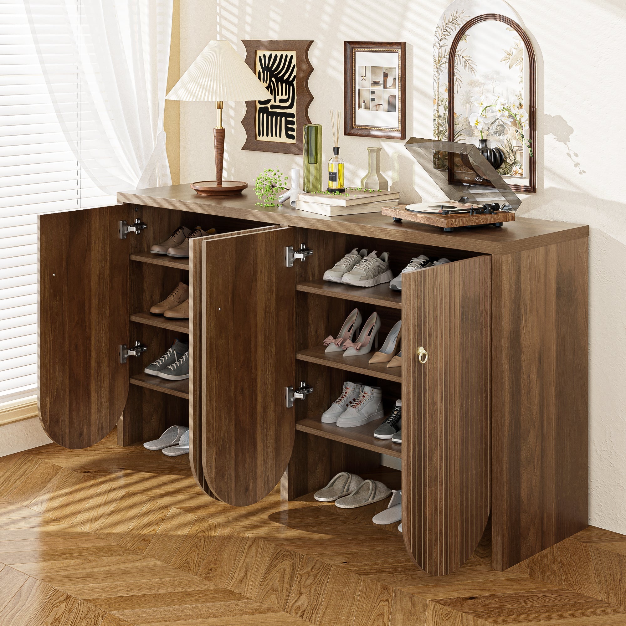 Sideboard Storage Cabinet 4 Doors Adjustable Shelves, Walnut Finish