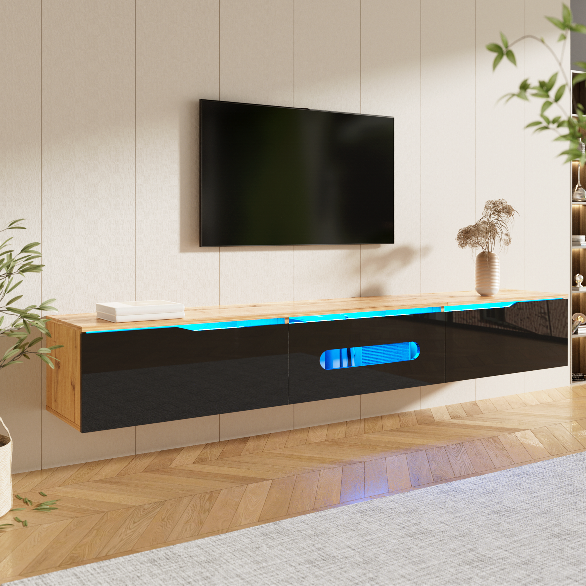 TV Cabinet 180cm Wall-Mountable 16-Color LED Lighting High-Gloss